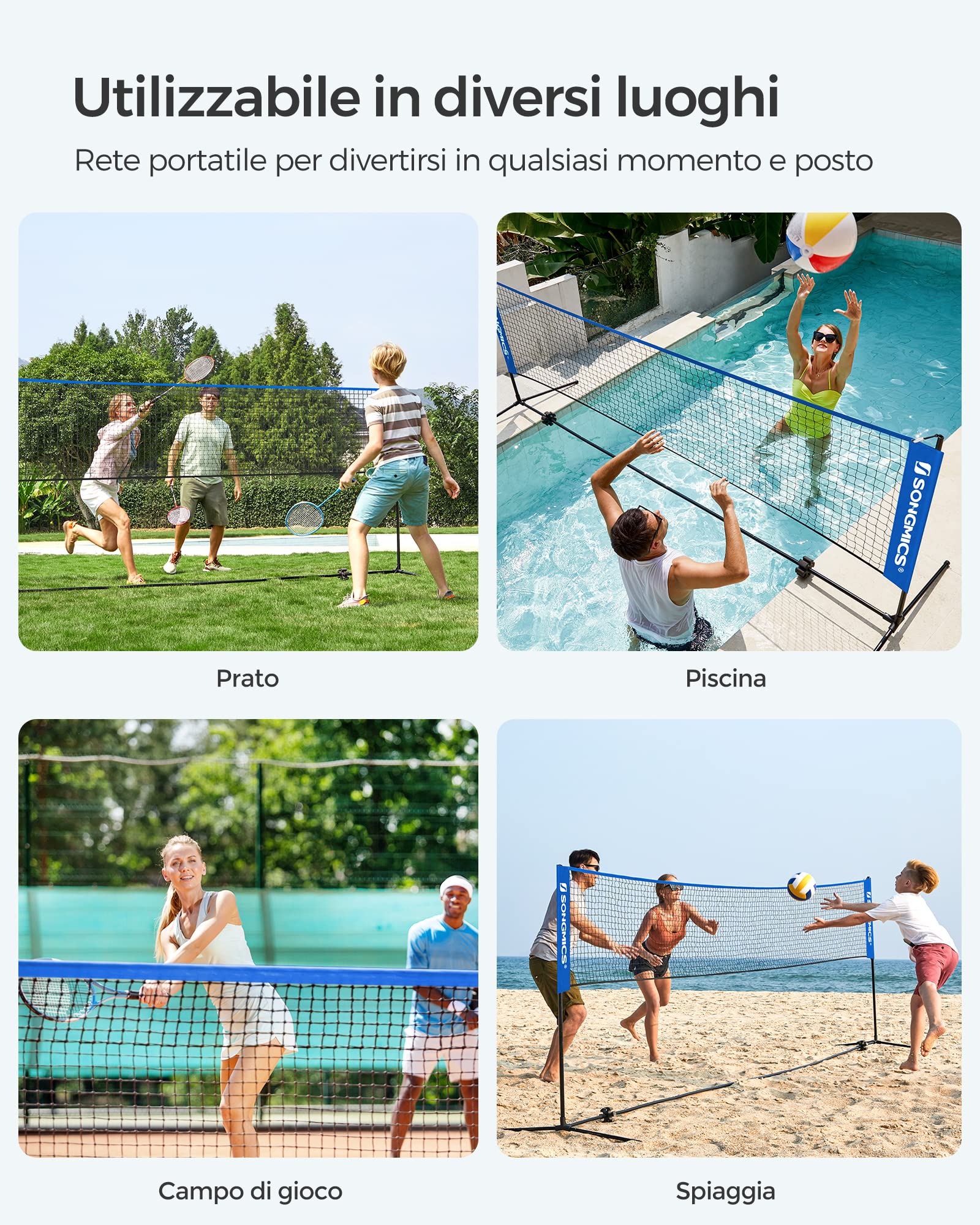 SONGMICS Rete da badminton da 3 m, rete da pallavolo, altezza pali regolabili, set portatile per tennis