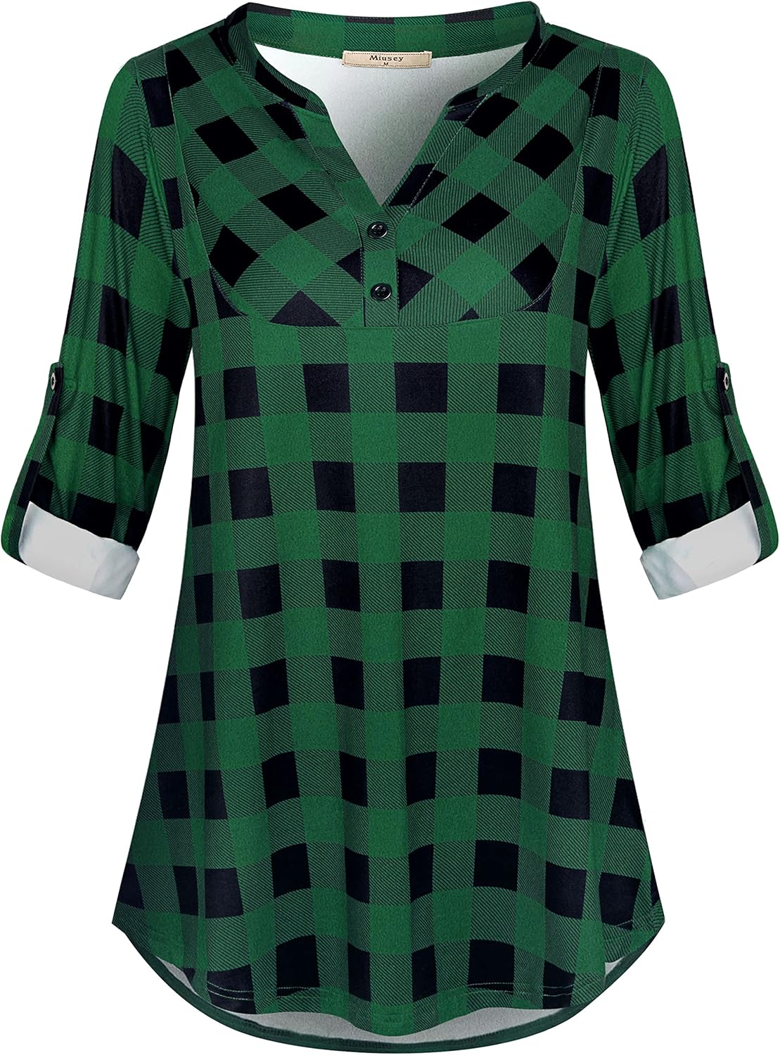 Miusey Womens Buffalo Plaid Roll Sleeve V Neck Flowy Loose Tunic Blouse