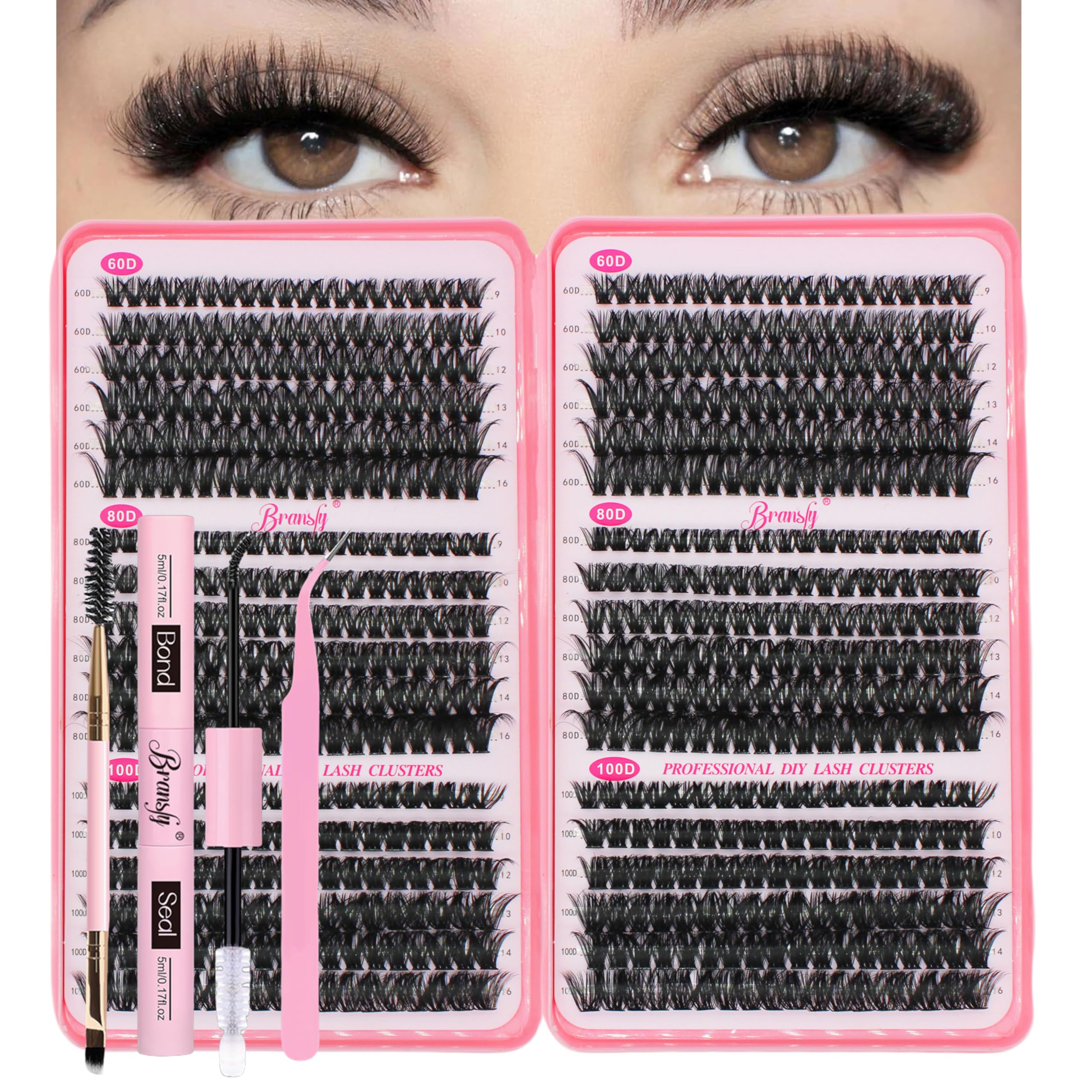 Bransfy 3 Styles 684pcs Lash Clusters Kit DIY Lash Extension Kit D Curl Eyelash Extensions 9-16MM Cluster Lashes with Waterproof Lash Bond and Seal Tweezers(60D+80D+100D,Kit)