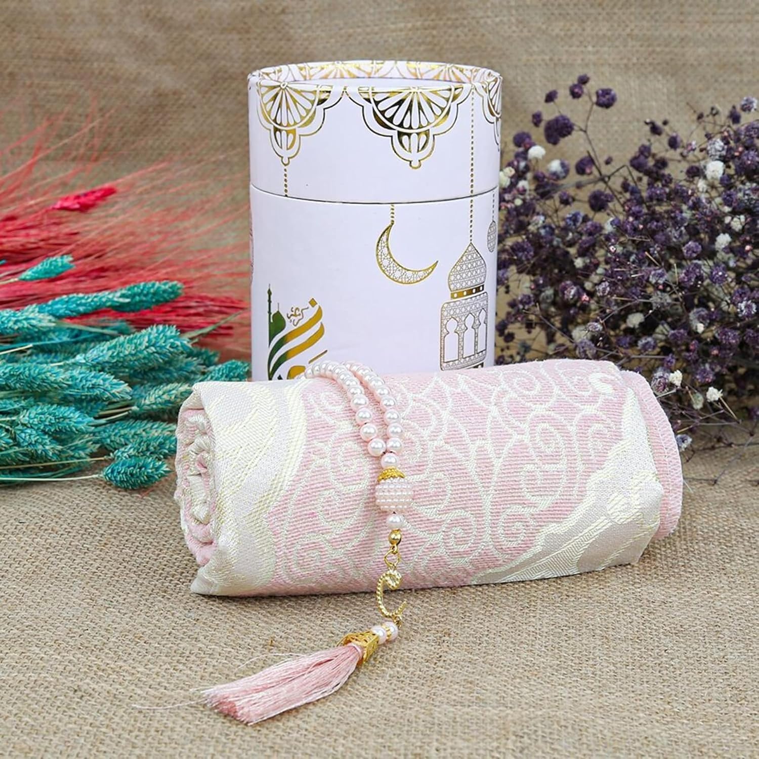 VHD Muslim Prayer Rug Set, Eid Gift, Ramadan Mubarak Favor, Islamic Tasbih Mat Set (Pink)
