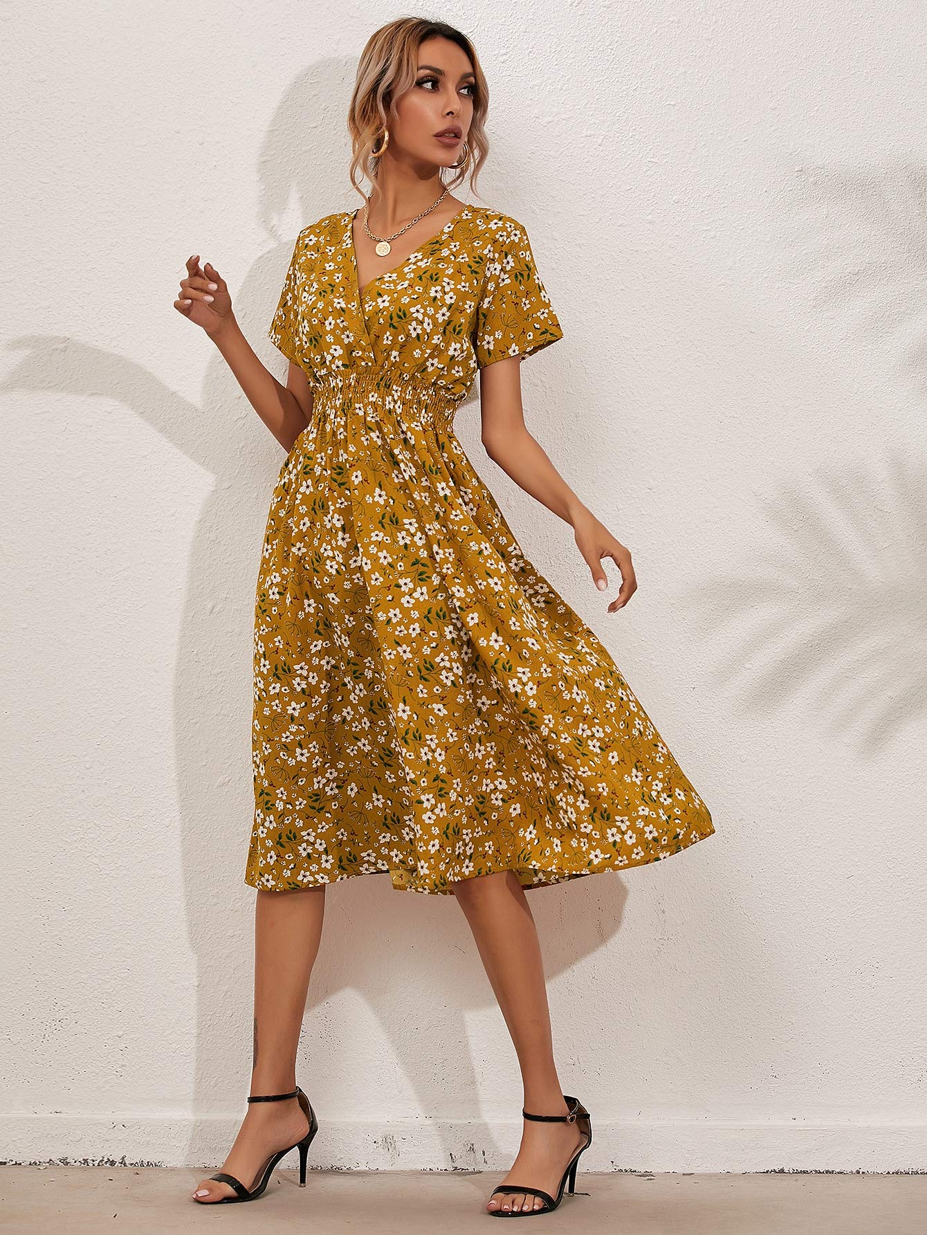 mustard dress women Neeno Women's Dresses Allover Floral Shirred Wrap Dress for (Color : Yellow, Size : Large) : Clothing, Shoes & Jewelry Unit of Measure:Box of 10 V Neck White Lace Floral print AW25 EOS Sale Shoes & Accessories Collection