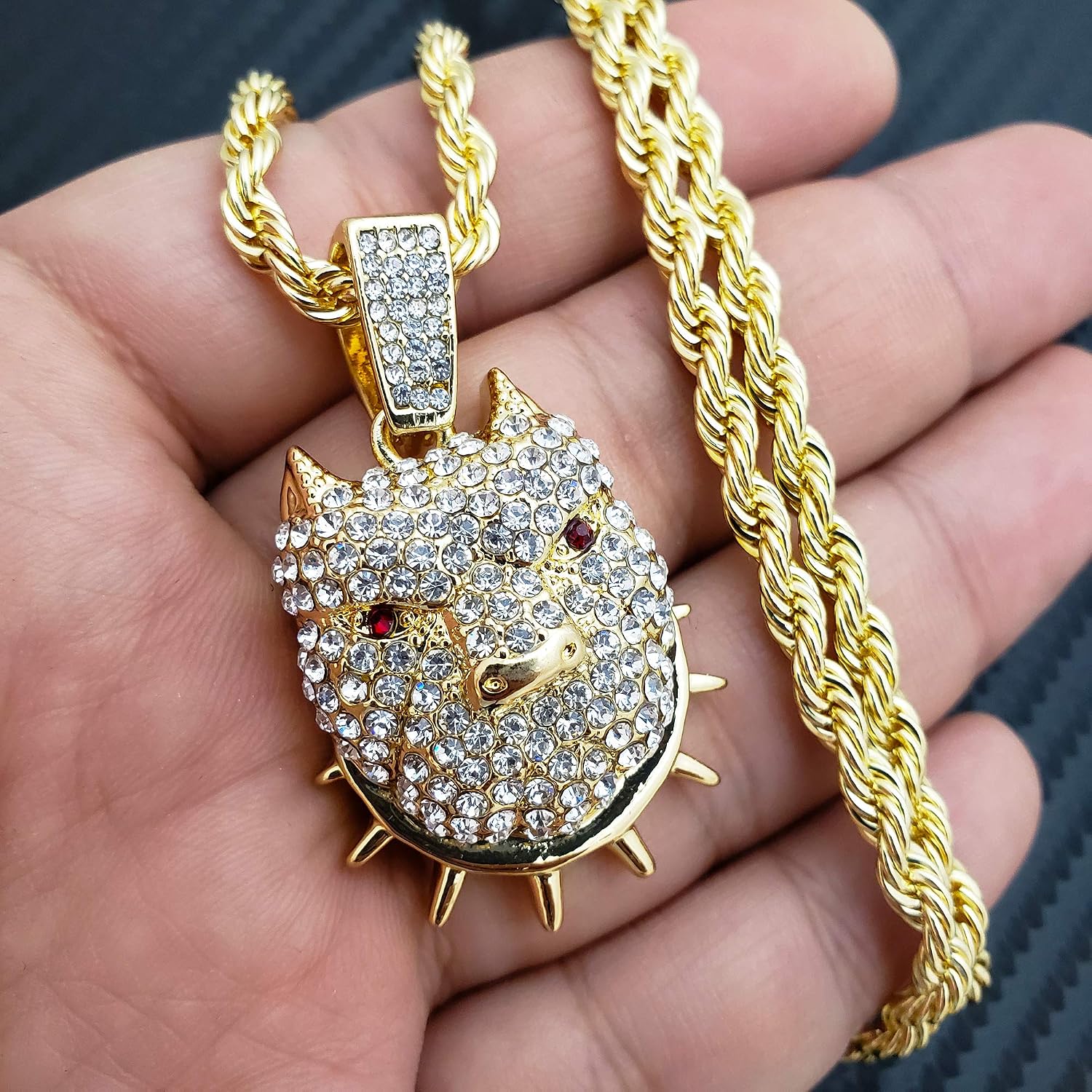Hip Hop Iced Lab Diamond Pitbull Dog Pendant & 4mm 24" Rope Chain Necklace