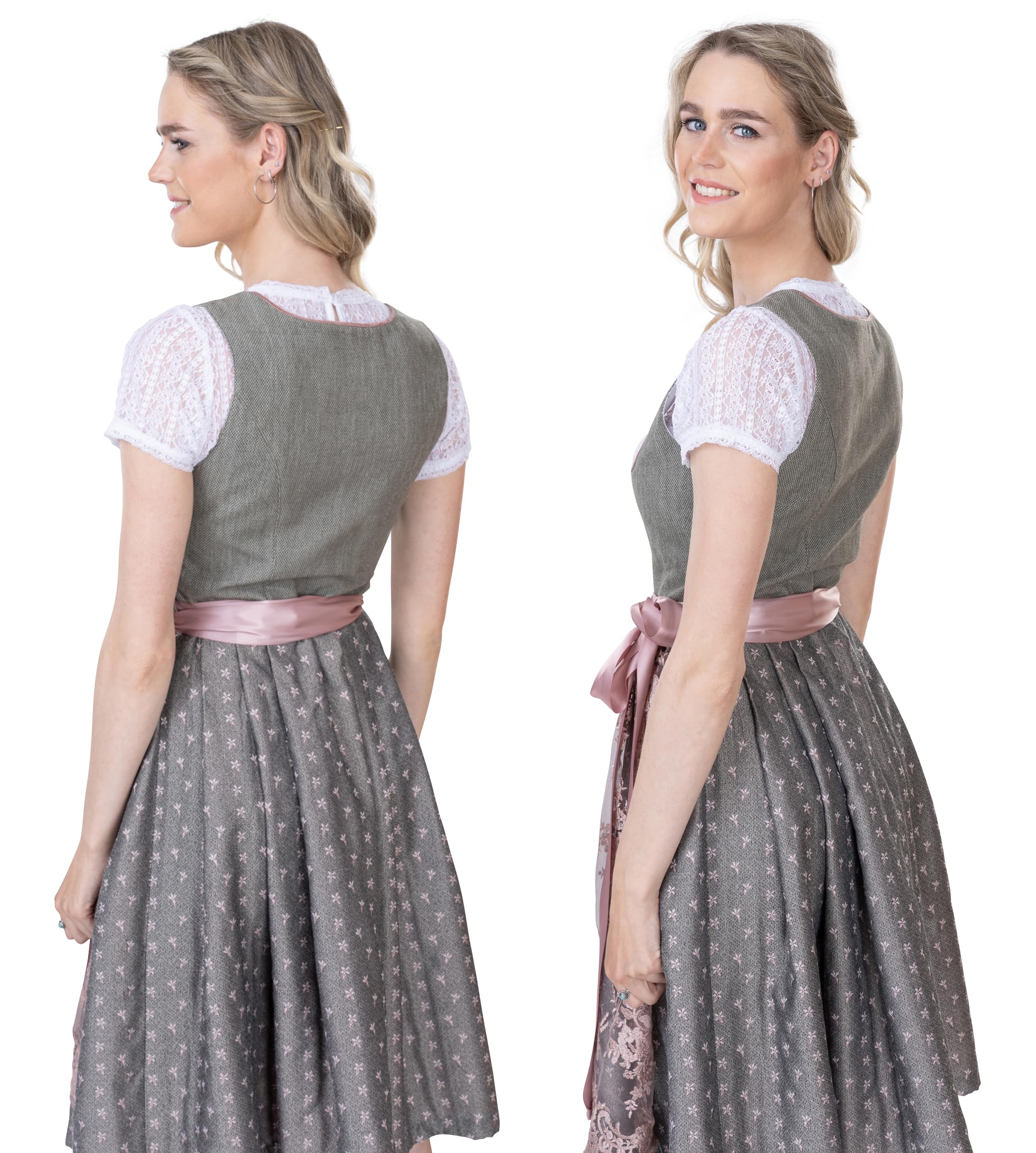 Schöneberger Dirndl Dirndl z zapięciem na guziki i koronkowym fartuchem – elegancki żakardowy Dirndl w kolorze różowym/szarym – Midi Isabella