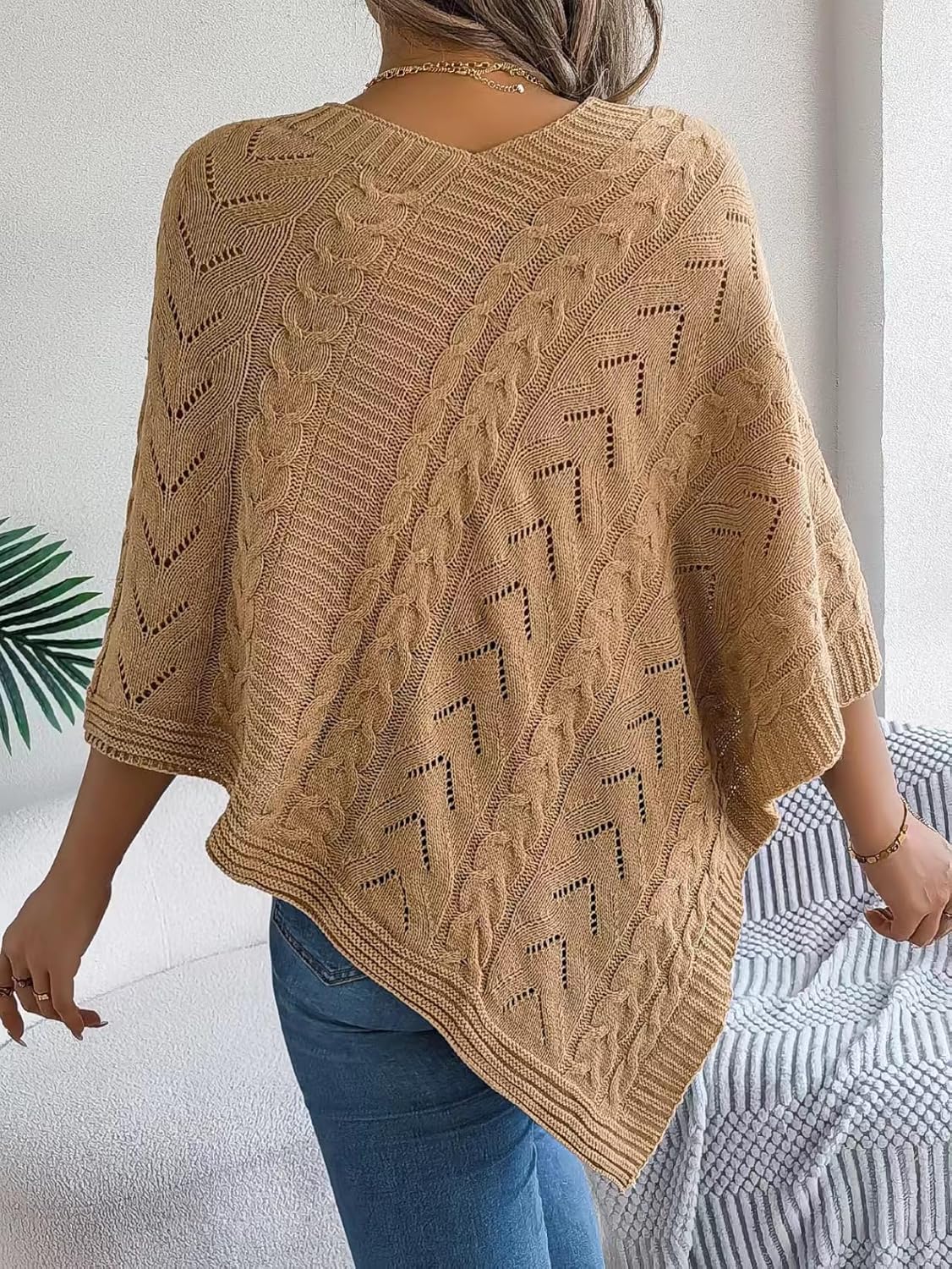Womens Knitted Sweater Cape Shawls Casual V-Neck Wrap Pullover Tops 3/4 Sleeve Asymmetric Hem Poncho Sweater - Image 3