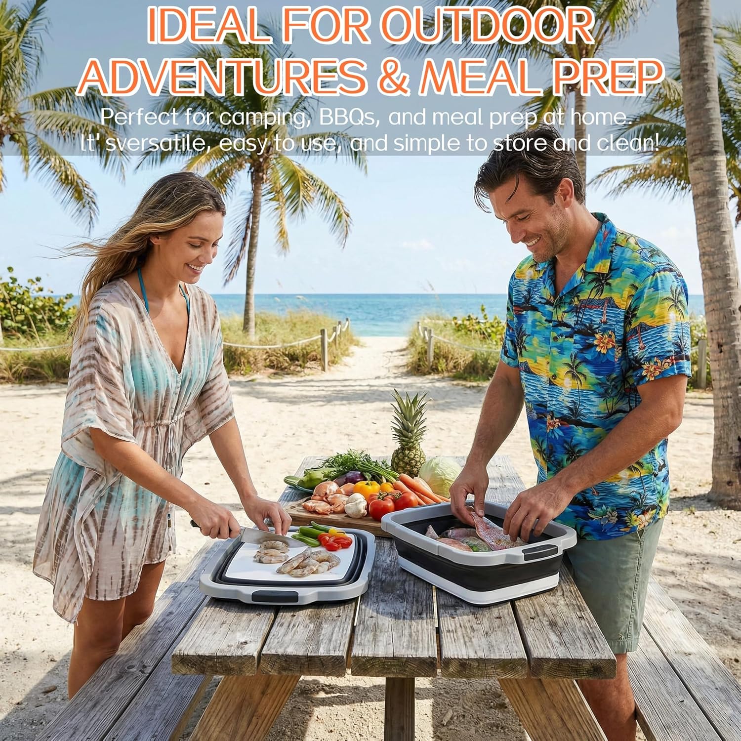 XL BBQ Prep Tub with Lid, Portable Collapsible BBQ Prep Tub with Built-In Cutting Board, Foldable Camping Sink for Colander & Dish Basin for Grilling, Picnic, Marinate, Washing Vegetables, Storage