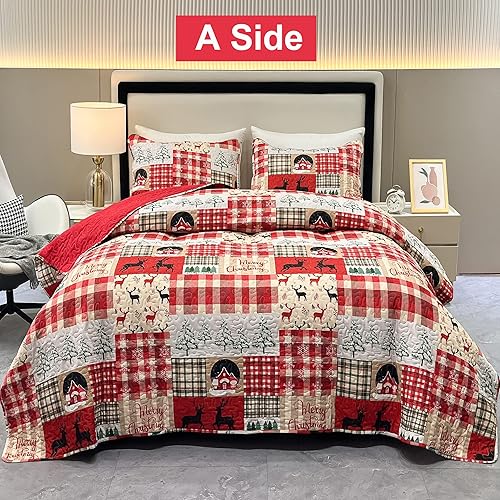 Miniatura 8 de Juego de edredón de Navidad tamaño Queen de 3 piezas con diseño de árbol de Navidad rojo, copos de nieve, reno, cabaña, retazos, colcha reversible y