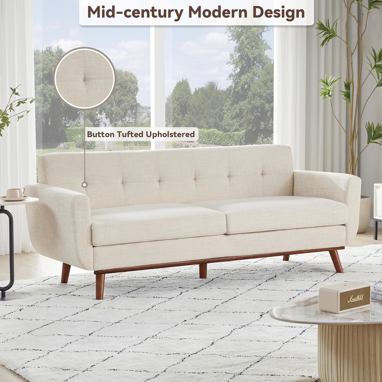 Kingfun 77.2" W Loveseat Sofa, Mid Century Modern Decor Love Seat Couches for Living Room, Button Tufted Upholstered Furniture, Solid & Easy to Install Small Couch for Bedroom Office Apartment, Beige | linen fabric, button tufted, solid wood foot, pocket spring, wood slats frame