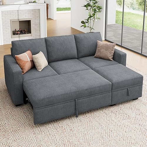 Miniatura 25 de HONBAY - Sofá seccional modular con cama desplegable, sofá en forma de L de chenilla con asientos de almacenamiento, sofás seccional convertible