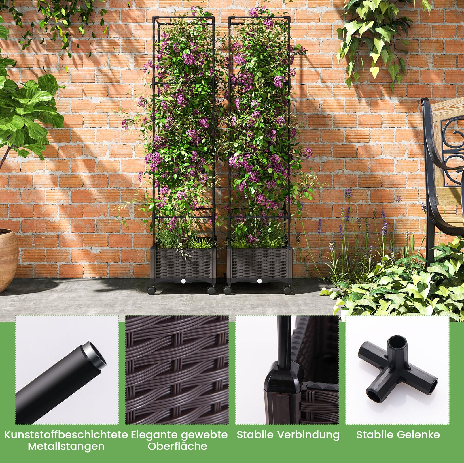 GOPLUS Rankhilfe mit Blumenkasten, Tomatentopf mit Spalier, Pflanzenturm mit 4 Verstellbarer Höhe & Wasserspeicher, Tomatenturm aus Metall & PP, Tomatenkäfig Pflanzkasten mit Rollen, 40 x 40 x 170 cm