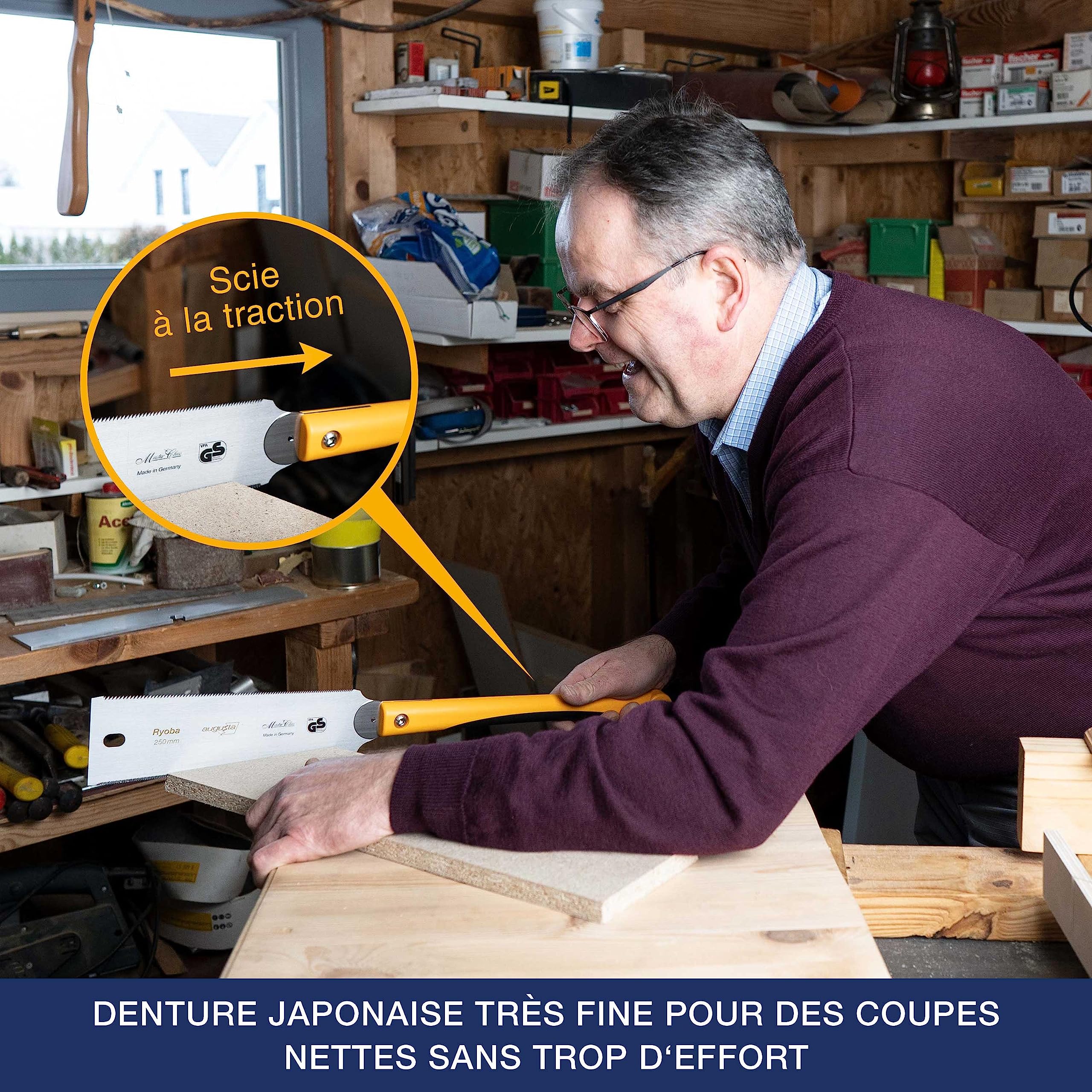 Augusta-Heckenrose scie japonaise Ryoba 250 mm I Scie traditionnelle acier C75 découpes fines et grossières I Scie à bois dentée flexible et poignée en plastique à 2 composants