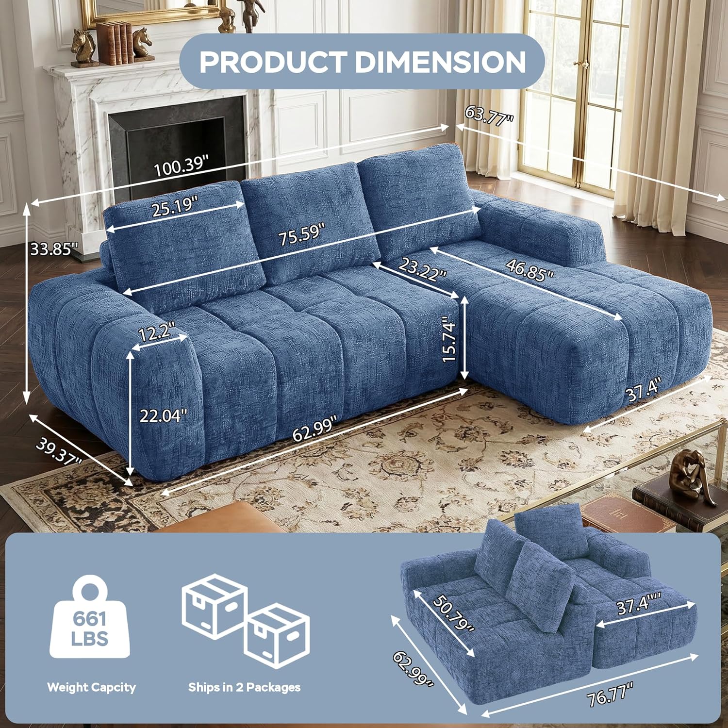 Wovenbyrd 100 Inch L-Shaped Sectional Couches for Living Room, Compressed 3-Seat Sofa with Soft Chenille Fabric and Chaise, Cloud Couch for Bedroom and Apartment, No-Assembly Design (Blue)