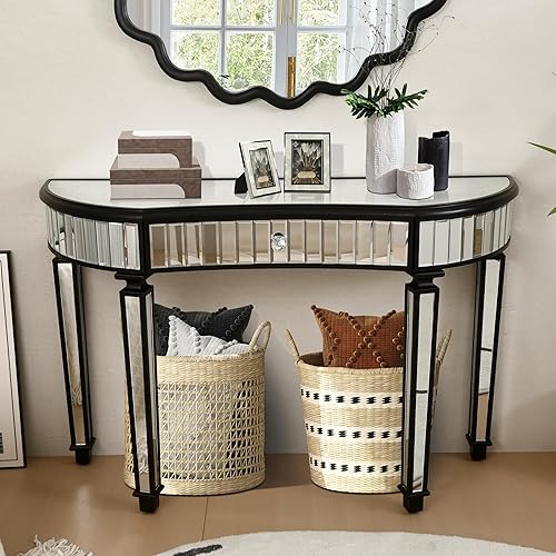 Miniatura 4 de SSLine Mesa de tocador de maquillaje con espejo, mesa auxiliar moderna para sofá, mesa auxiliar con espejo, mesa de tocador con 5 cajones, mesa de