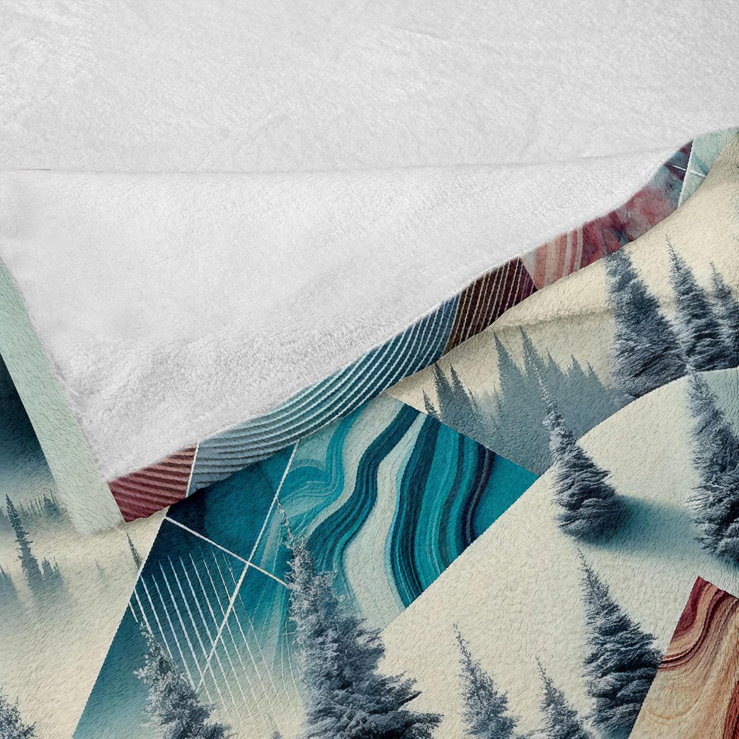 Lunarable Snowy Mountains Throw Blanket, Misty Winter Landscape with Spruce Trees Abstract Geometric Details, Flannel Fleece Accent Piece Soft Couch Cover for Adults, 50" x 70", Teal and Pale Rust