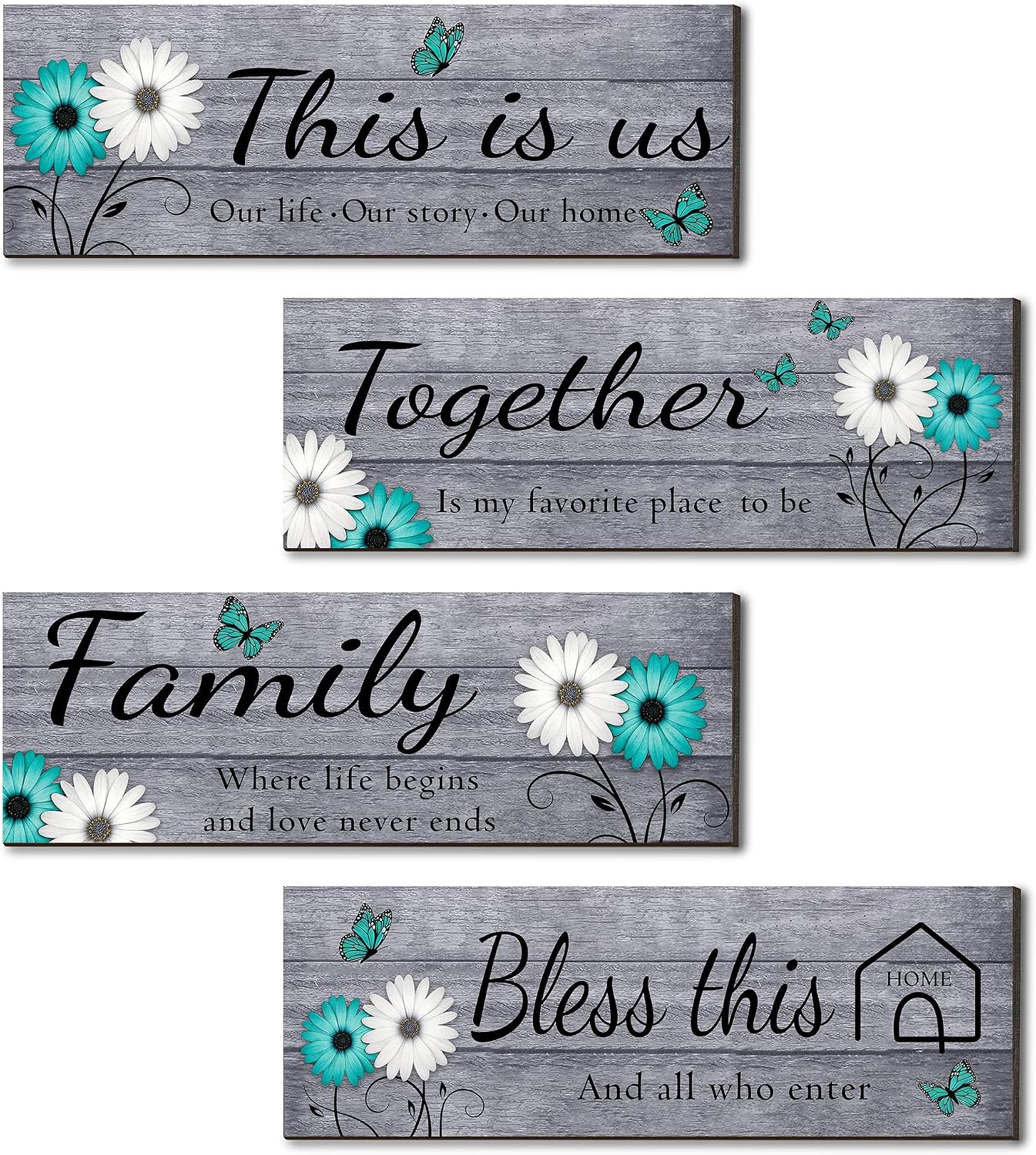 Joyhawk 4 Pcs Farmhouse Wall Decor with Teal Butterflies & Daisies, Rustic Wooden Signs Set (This is Us, Together, Family, Bless This Home), Grey Floral Wall Art for Living Room Bedroom, Housewarming Gift, 4.7" x 13.8"