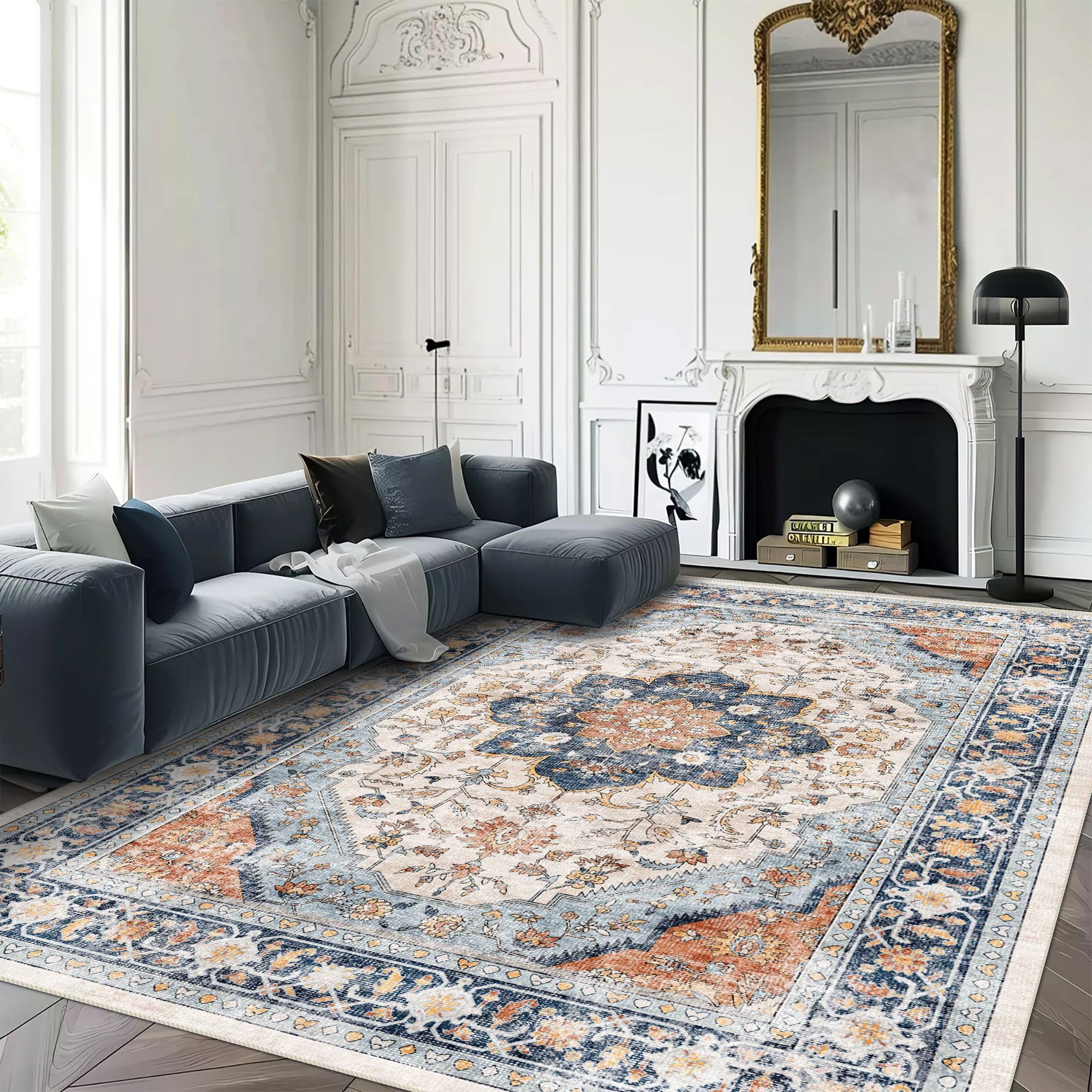 vivorug 5x7 Area Rugs - Boho Ultra-Thin Washable Rug with Non-Slip Backing, Ideal for Living Room, Bedroom, Kitchen Floor Carpet - Vintage Floral,