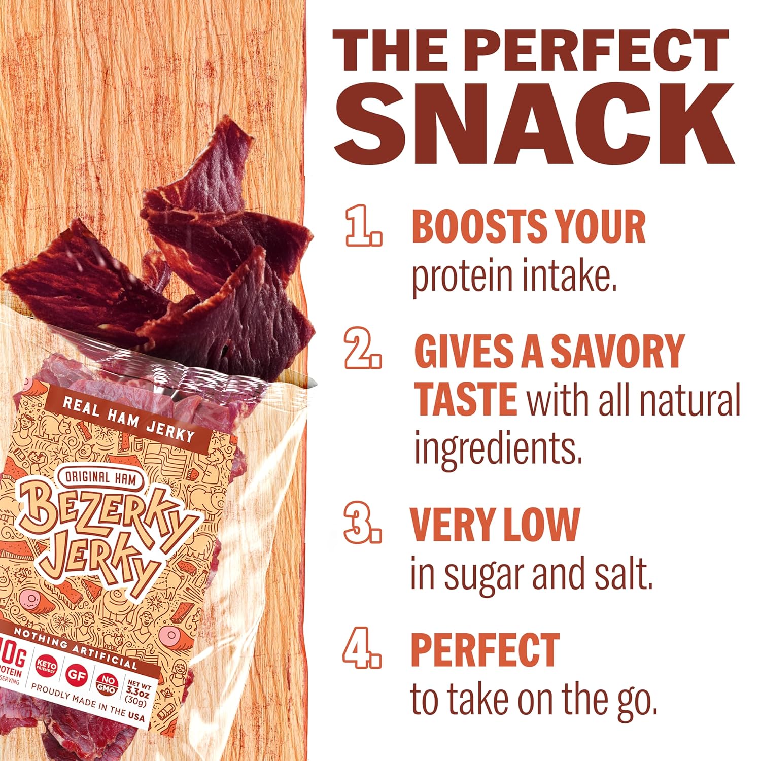 Bezerky Jerky Authentic American Ham, Keto-Friendly, Made with Premium Meat, Pineapple Jerky, All-Natural, Non-GMO & Gluten-Free, On the Go High Protein Snack, 3.3 Oz (Pack of 6)