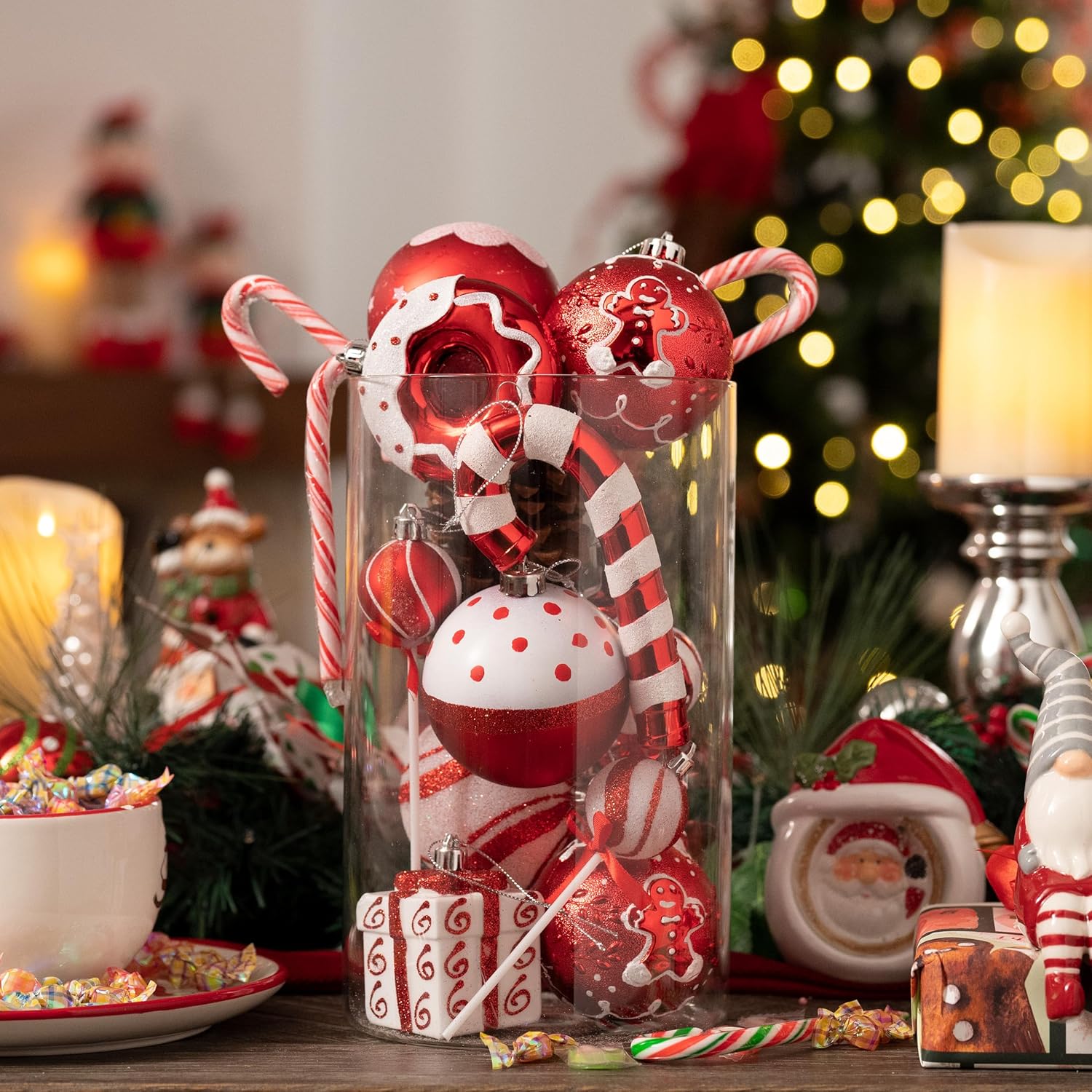 Valery Madelyn Christmas Ornaments Value Bundle(2 Items), 80ct & 24ct Candy Cane Red White Shatterproof Christmas Ball Ornaments Set, Decorative Hanging Ornament Bulk for Xmas Holiday Party Decor