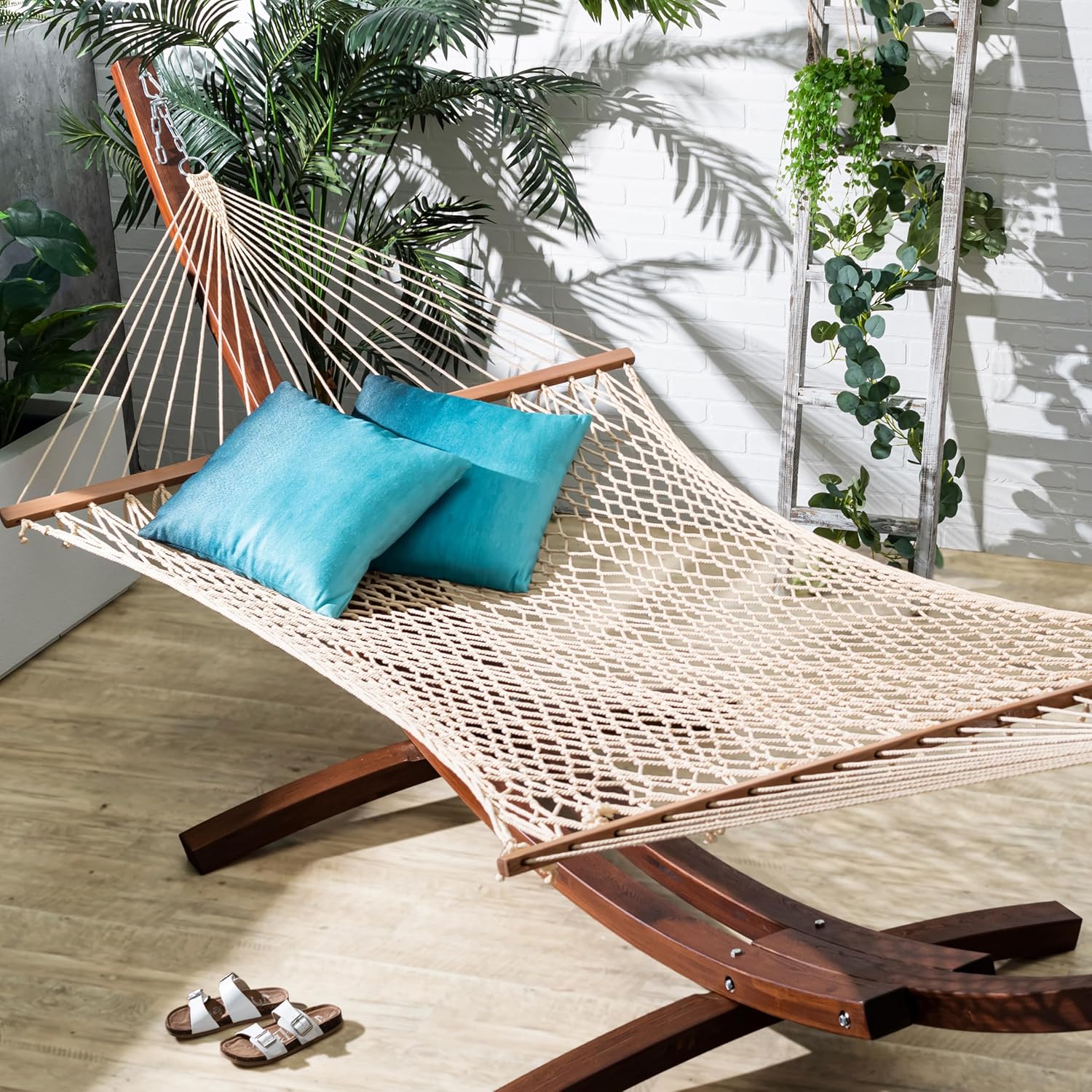 Fab Habitat Rope Recycled Polyester Hammock - Miami - Natural - Indoor/Outdoor, Quick Dry, 2 Person 400 lbs Capacity - Patio, Poolside, Backyard, Garden, Beach, Balcony - 12-14 ft Adjustable Miami - Natural 55" x 82"