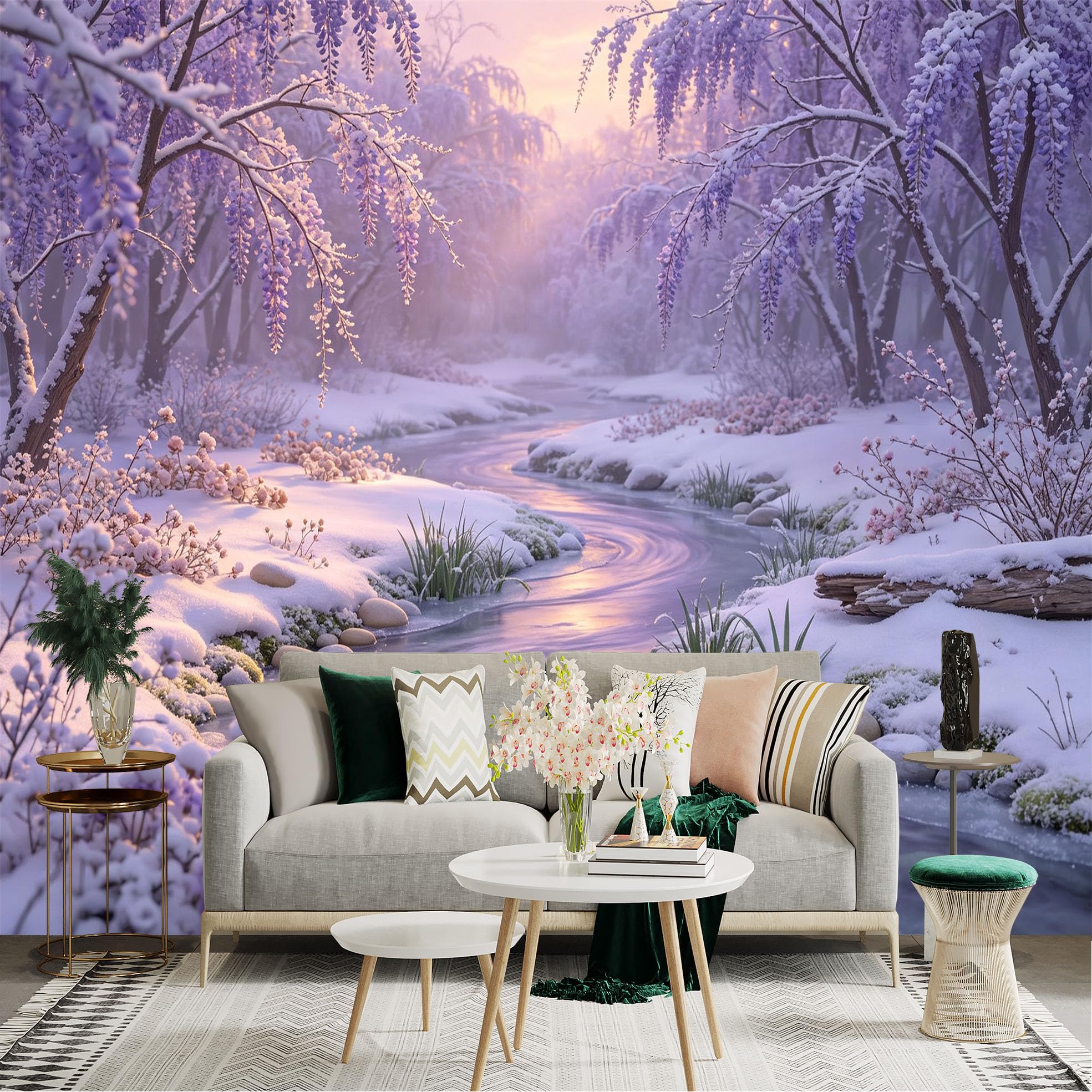 Lnzczhyre Bh260719276 Custom Size Wall Sticker Mural， Snowy Winter Stream， Purple Wisteria Flowers， Serene Frozen Brook， Soft Sunset Landscape， For Wall Decoration， Peelandstick Wall Decals.