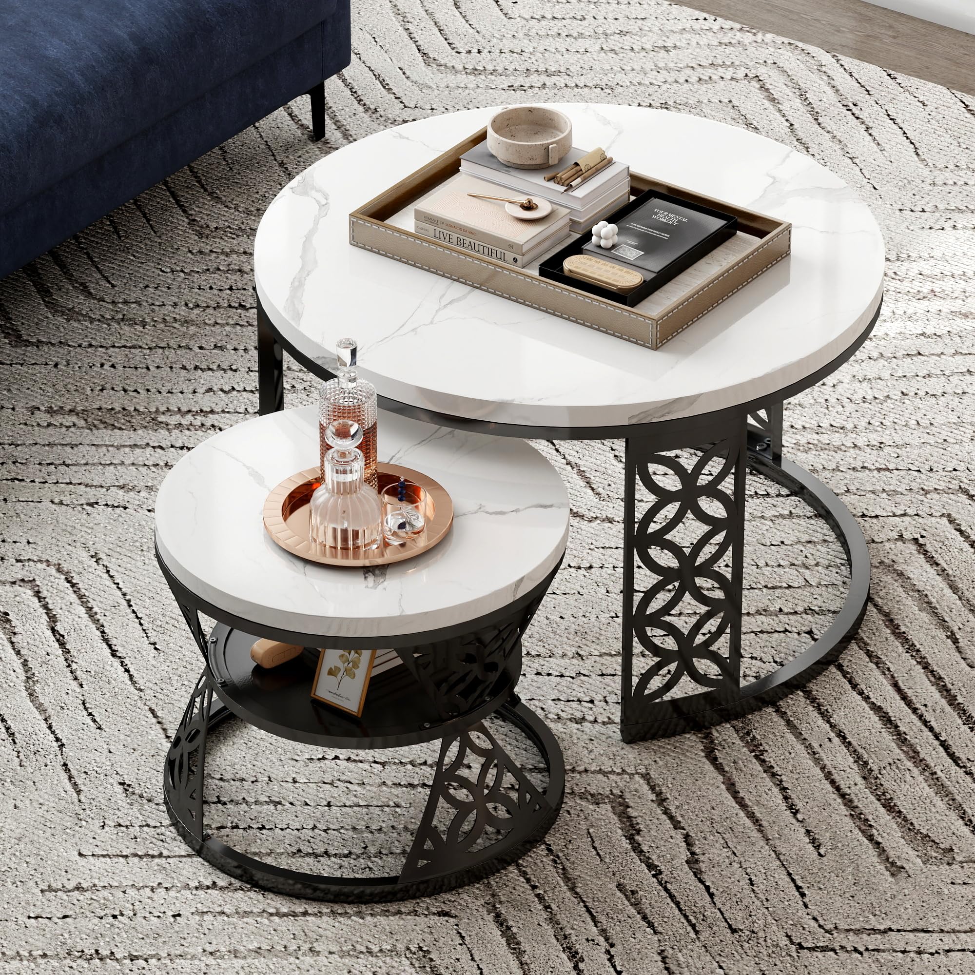 okwish - Mesa de centro redonda con espacio de almacenamiento, mesas nido modernas para salón, balcón, oficina, tablero de MDF blanco y estructura de metal negro, 70 x 45 cm