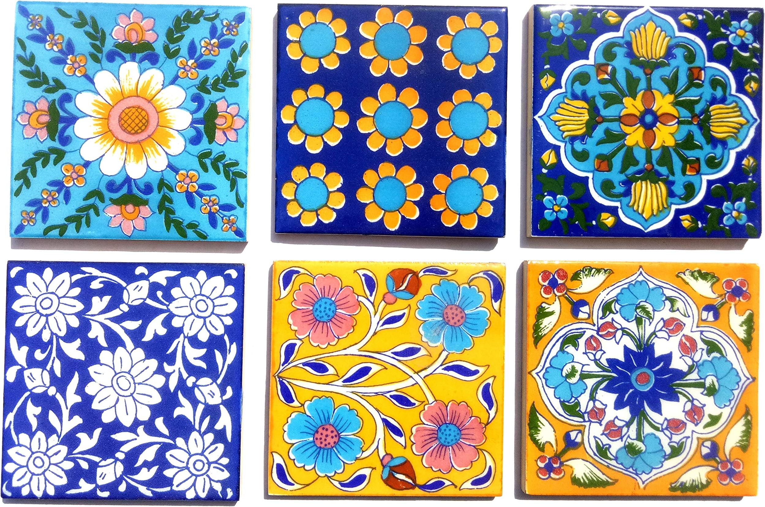 Ceramic Handmade Tiles (4 X 4-inch, Multicolour) - Pack of 6