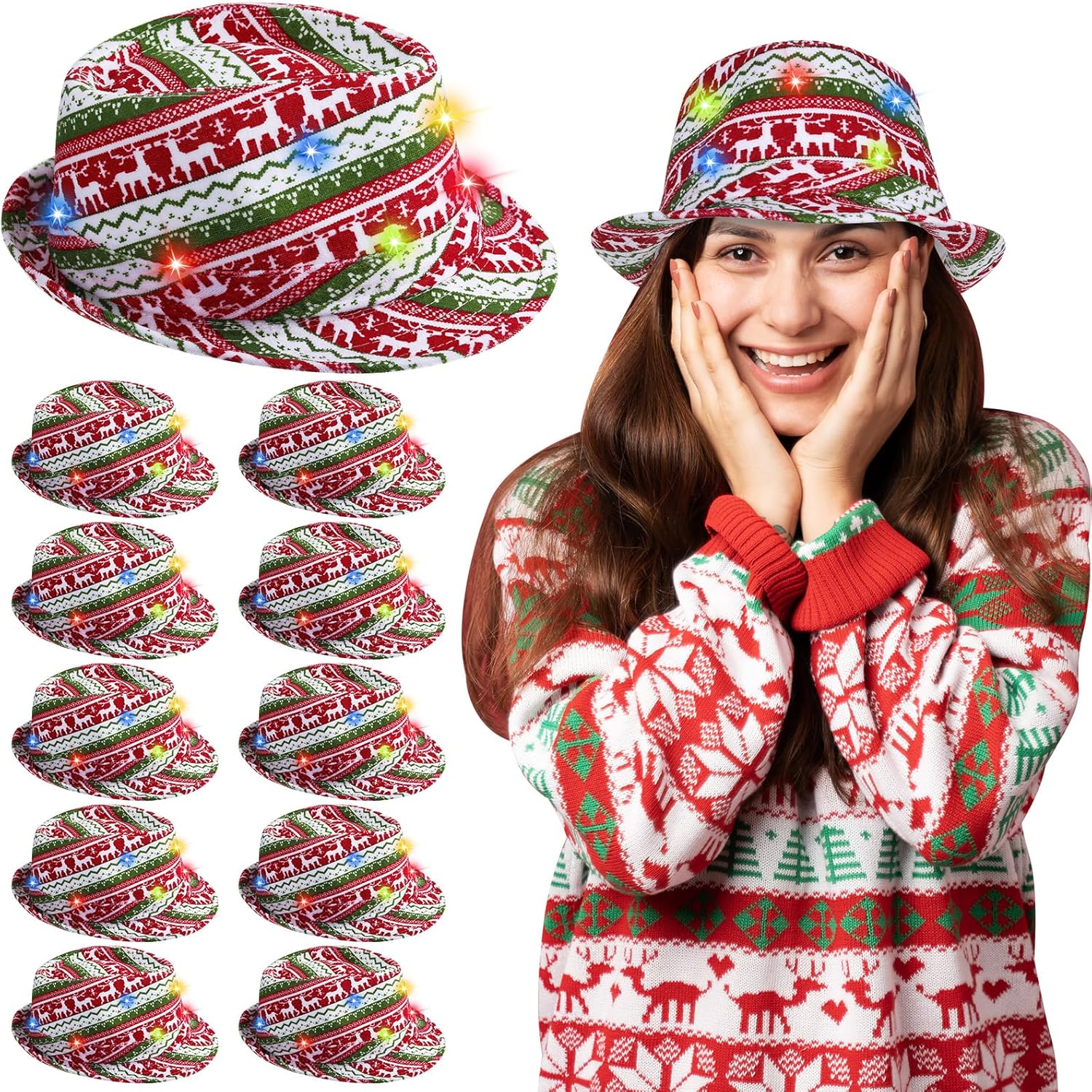Suhine 12 Pack Christmas Light Up Hats LED Ugly Sweater