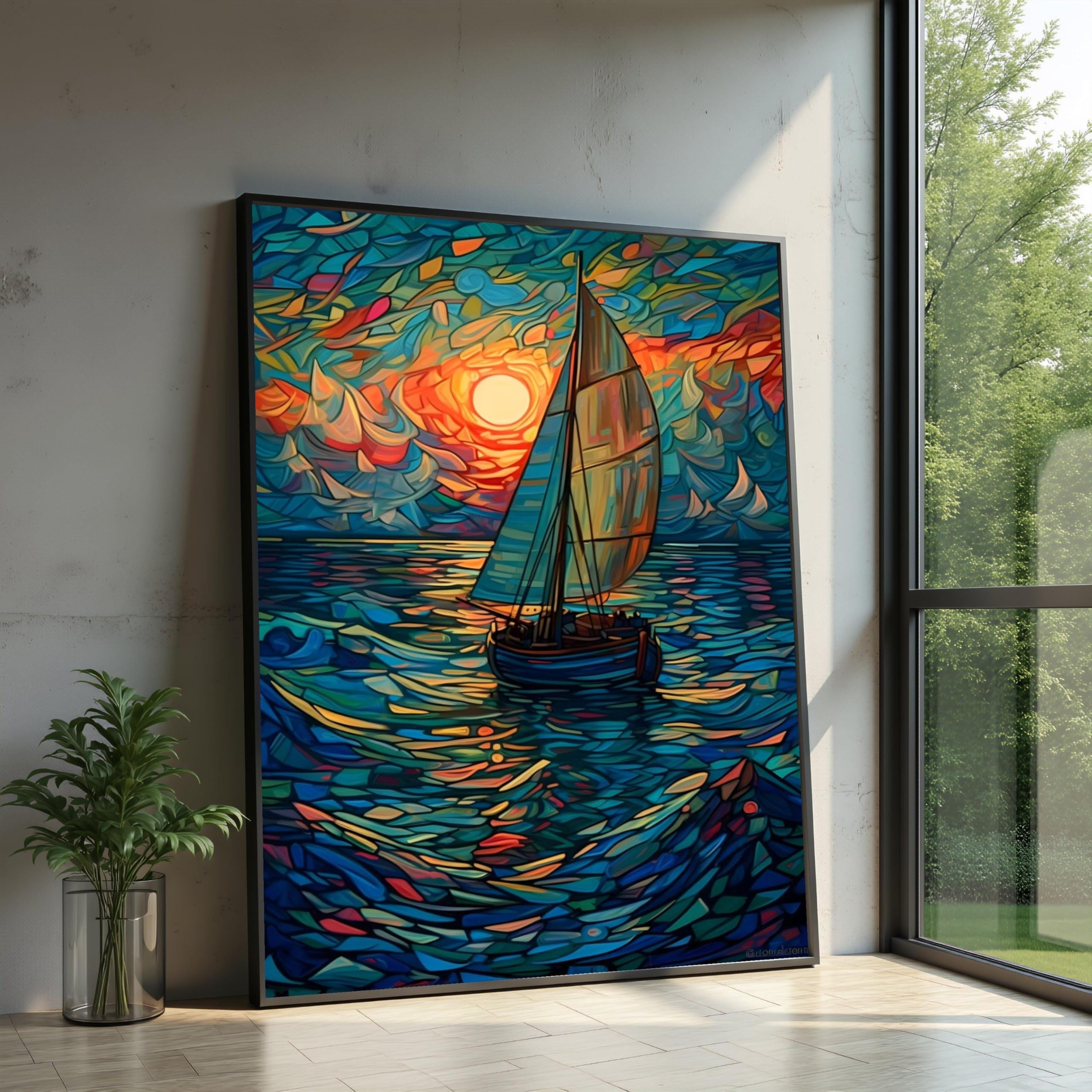 XINBAO Zachód słońca żaglówka, abstrakcyjne fale oceanu, sztuka ścienna, kolorowy obraz morski, wystrój domu, gotowy do powieszenia (30 x 40 cm / rama wewnętrzna)