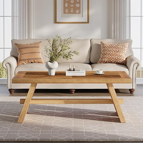 Miniatura 5 de Mesa de centro de madera maciza, mesa central rectangular de 47 pulgadas, patrón geométrico de grano de madera, marrón