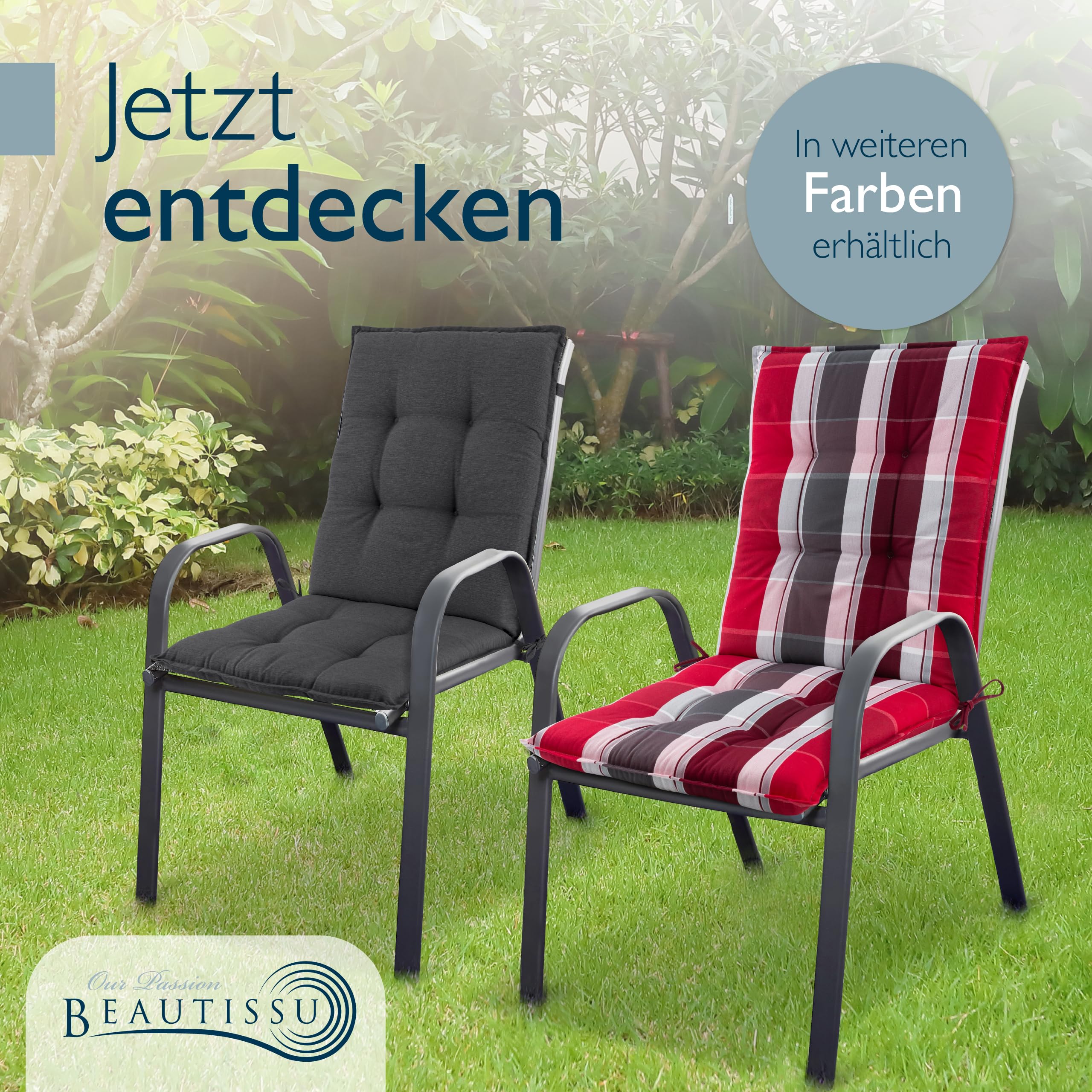 Beautissu 6er Set Premium Niedriglehner Auflage Gartenstuhl Polster | 100x50cm Rot-Anthrazit Gestreift 8cm dick rutschfestes robust UV-Lichtechtheit 5 Gartenstuhlauflage rutschfest Garten Sun-NL