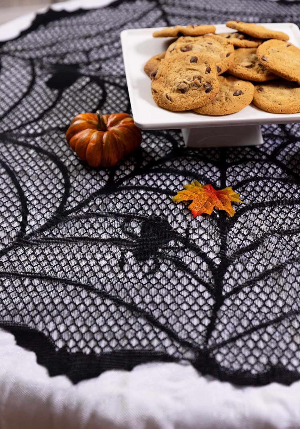 Fun Costumes Black Spider Web Lace Round 42" Indoor Decoration, Knitted Table Cover Halloween Lurking Dinner Parties Display