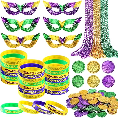 Miniatura 1 de 120 unidades de Mardi Gras, recuerdos de fiesta, Mardi Gras, máscaras de ojos de plástico, morado, verde, dorado, monedas, collares, pulseras de