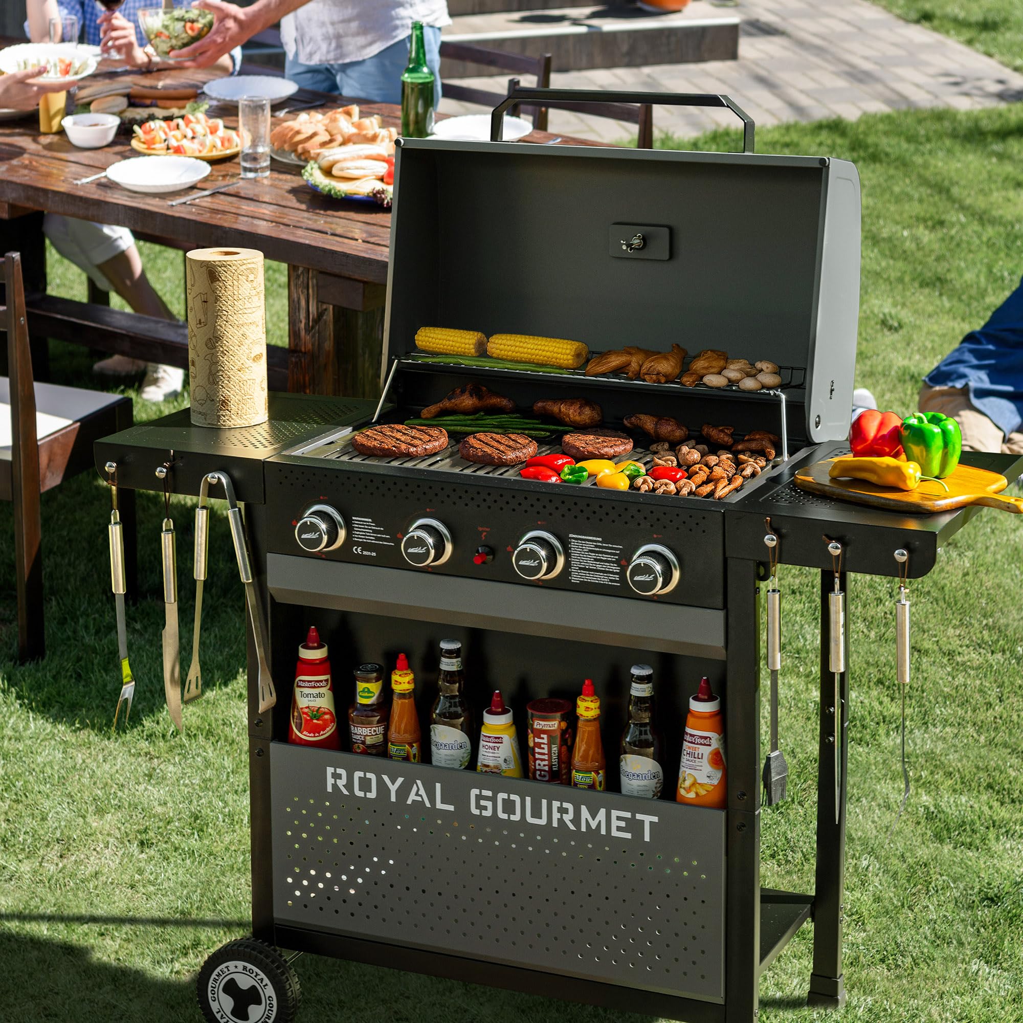 Royal Gourmet 4-Brenner Gasgrill 10 kW Grillwagen mit klappbaren Seitenablagen, Ablagekorb, Outdoor Gasgrill für Balkon, Terrasse, Garten und Camping