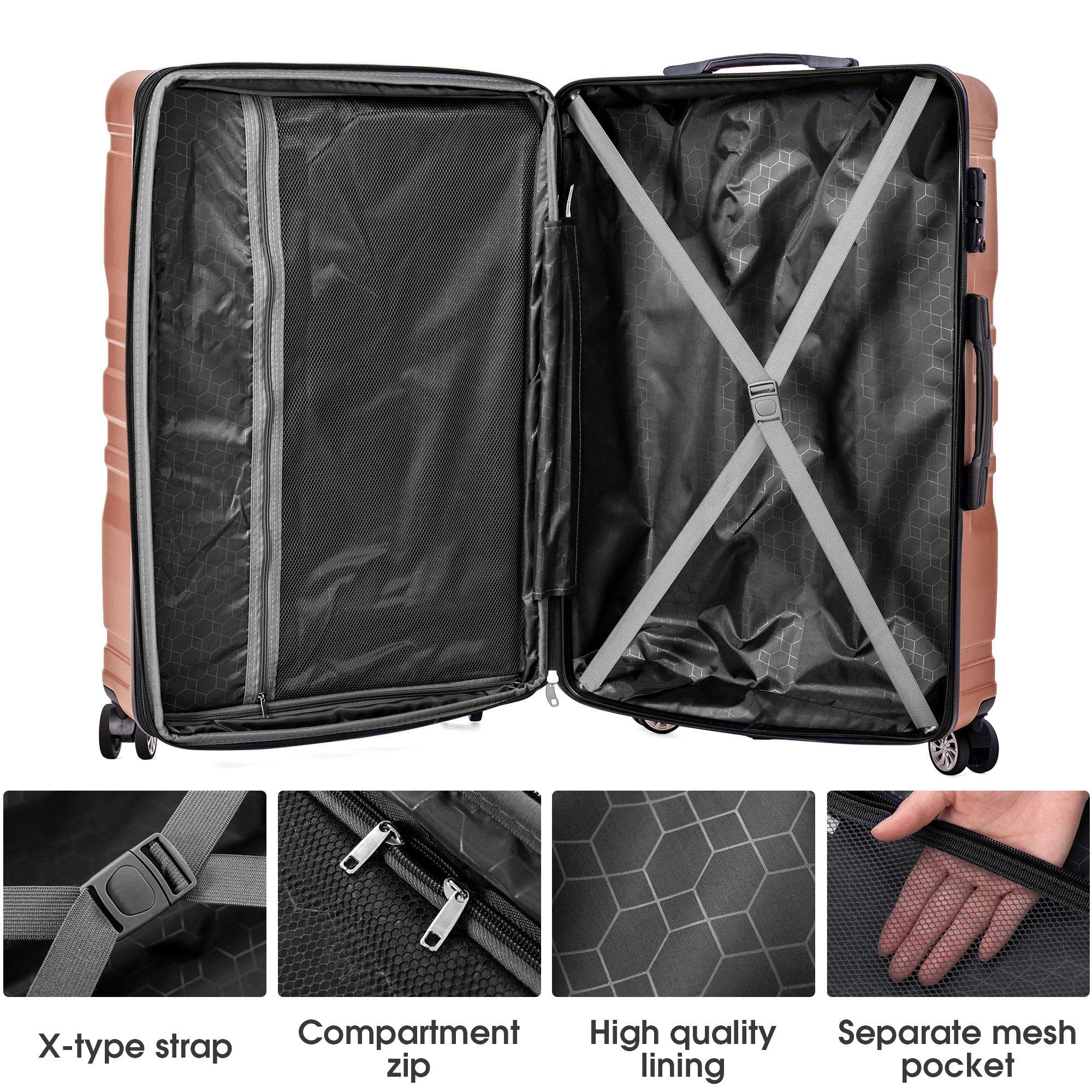 Set 3 Valigie Rigide, Valigia Trolley da Viaggio con lucchetto TSA e Ruota Universale, Espandibile, Maniglia Laterale, ABS, Valigia Bagaglio a Mano, Leggero Valigia Cabina, M-L-XL, Oro rosa