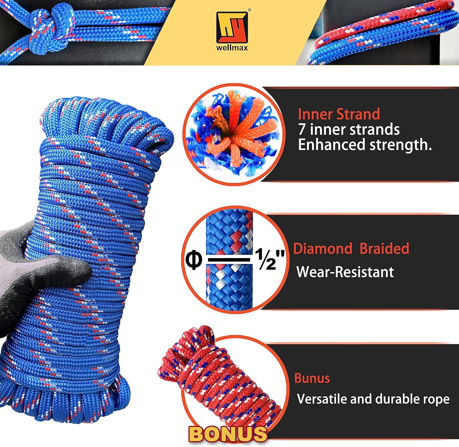 Wellmax Diamond Braid Nylon Rope – 1/2 Inch x 50 FT – Heavy Duty Braided Rope for Docking, Camping, DIY, Crafts & Outdoor Utility – Weather Resistant - Blue