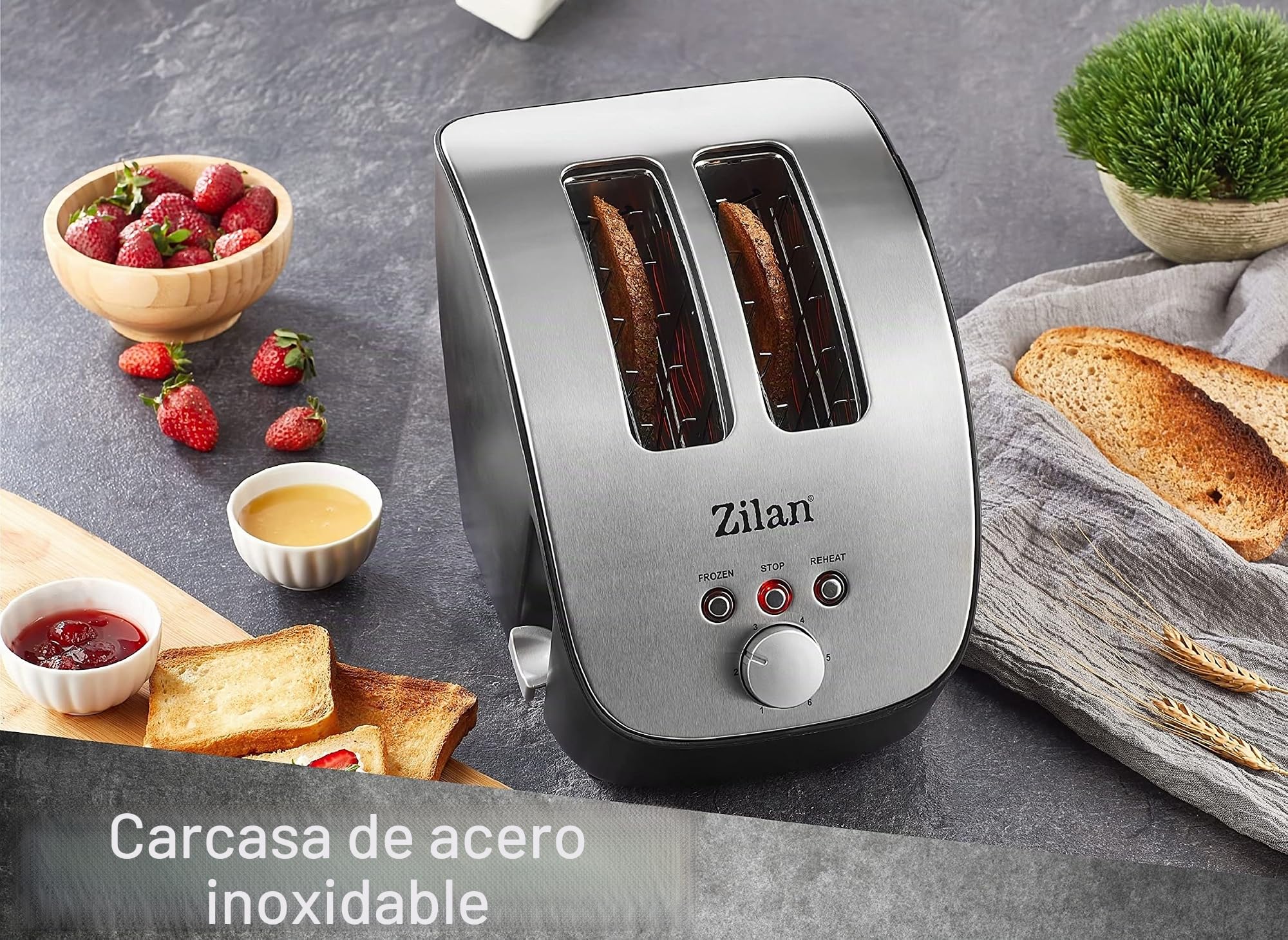 Tostadora con Carcasa de acero inoxidable | 2 rebanadas | Diseño oblicuo | Máquina para tostar | 1000 W | Ajustable sin niveles | INOX