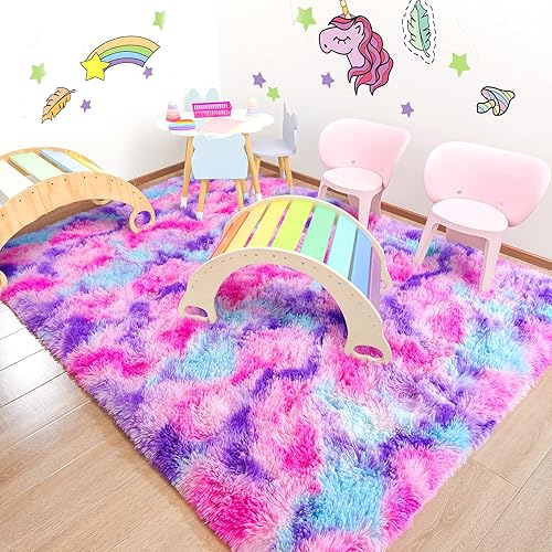 Miniatura 4 de JUNOVO - Alfombra lavable y antideslizante, alfombra suave de arcoíris para habitación de niñas, tapete de juego para niños, alfombra para
