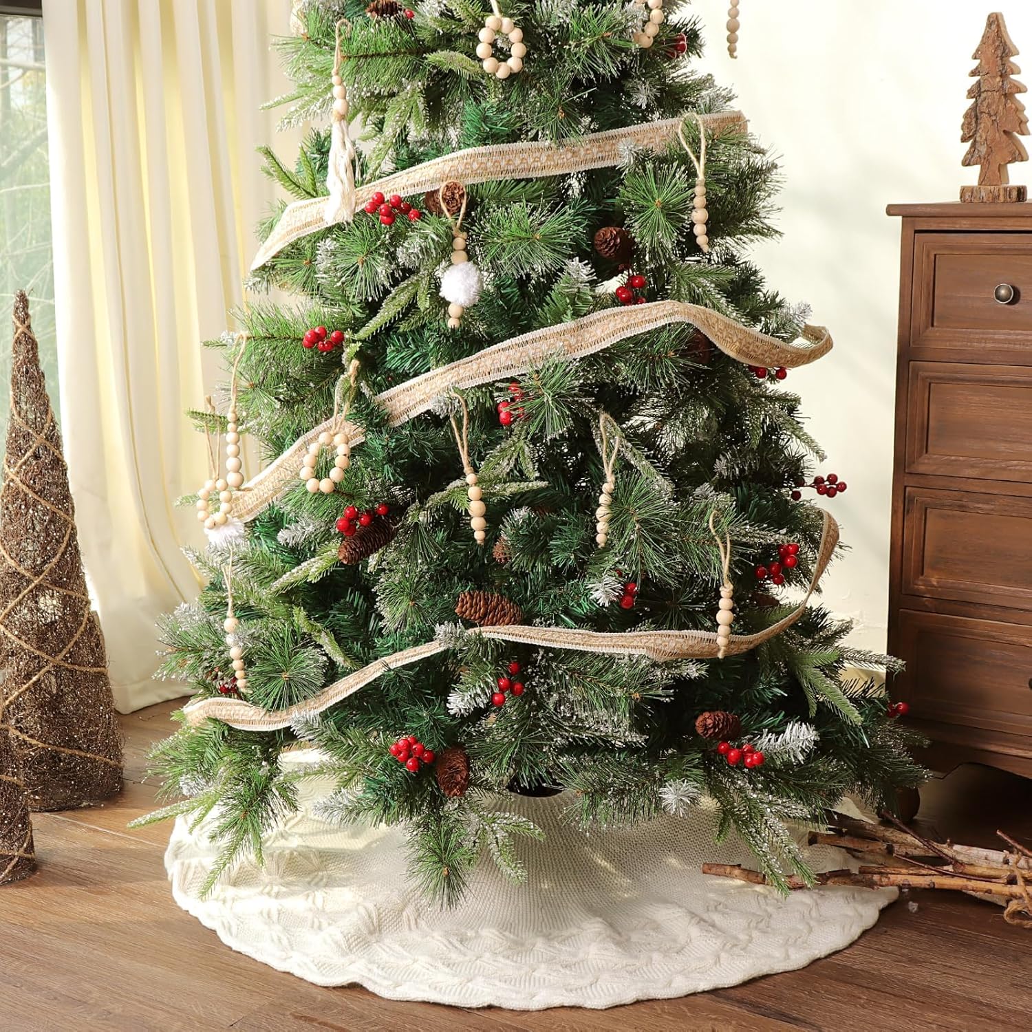 36 inch Christmas Tree Skirt: Pencil Tree Skirt for 6ft Tree, Crossed Edge Knit Cream White Small Tree Skirt, Vintage Tree Skirts, Rustic Farmhouse Christmas Decorations