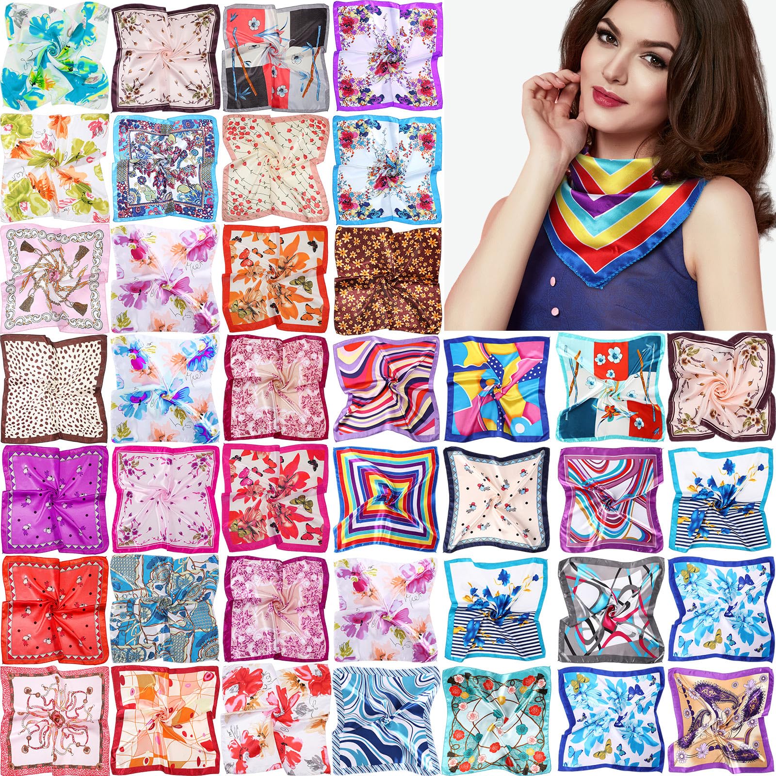Handepo Lot de 40 foulards carrés en satin pour femme - Couleurs mélangées - 50 cm