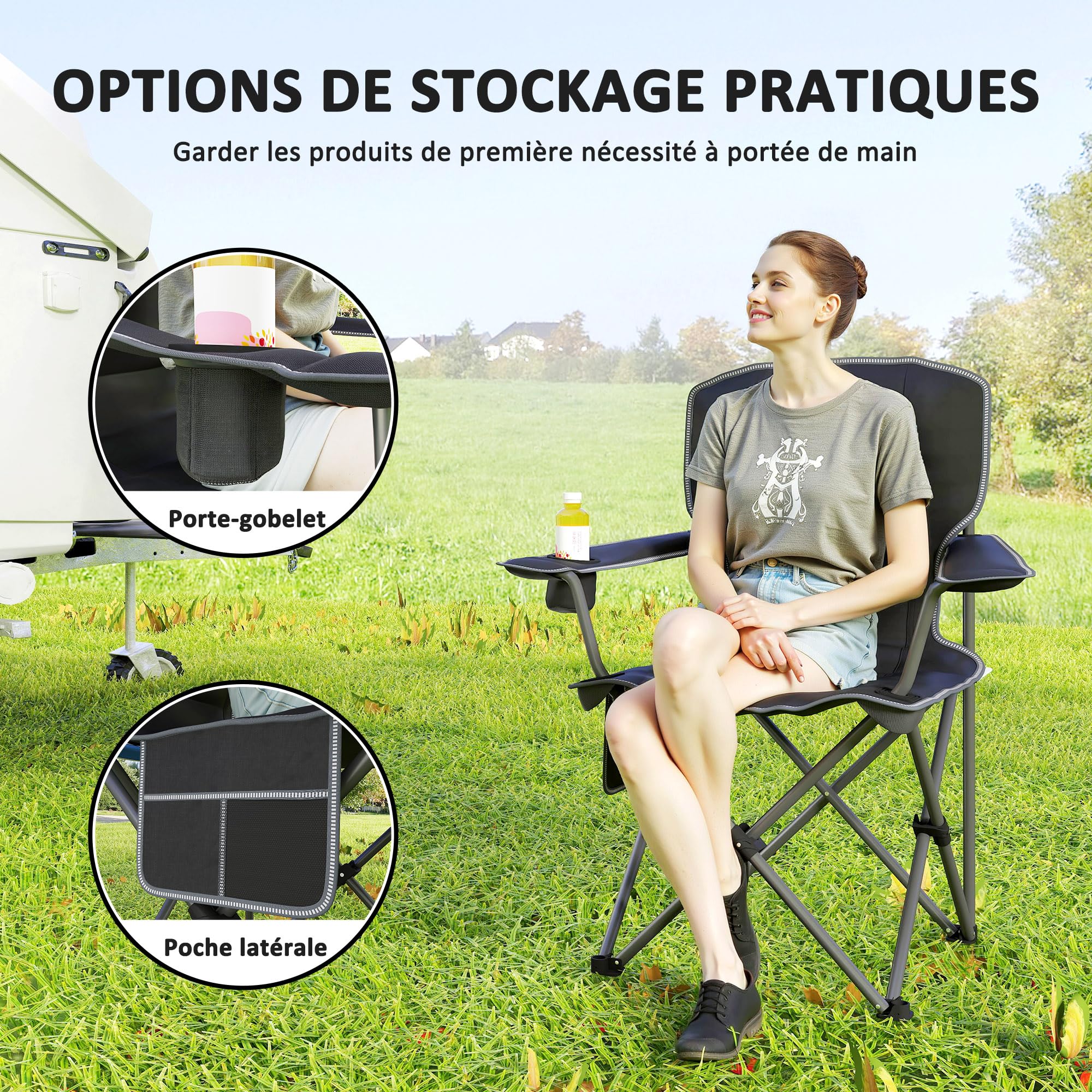 Outsunny Chaise Pliante Camping, Chaise de pêche Portable, siège rembourré, Porte-gobelets, Poches latérales et Sac de Transport, Fauteuil Pliant pour randonnée, pêche, Plage et Pique-Nique, Noir