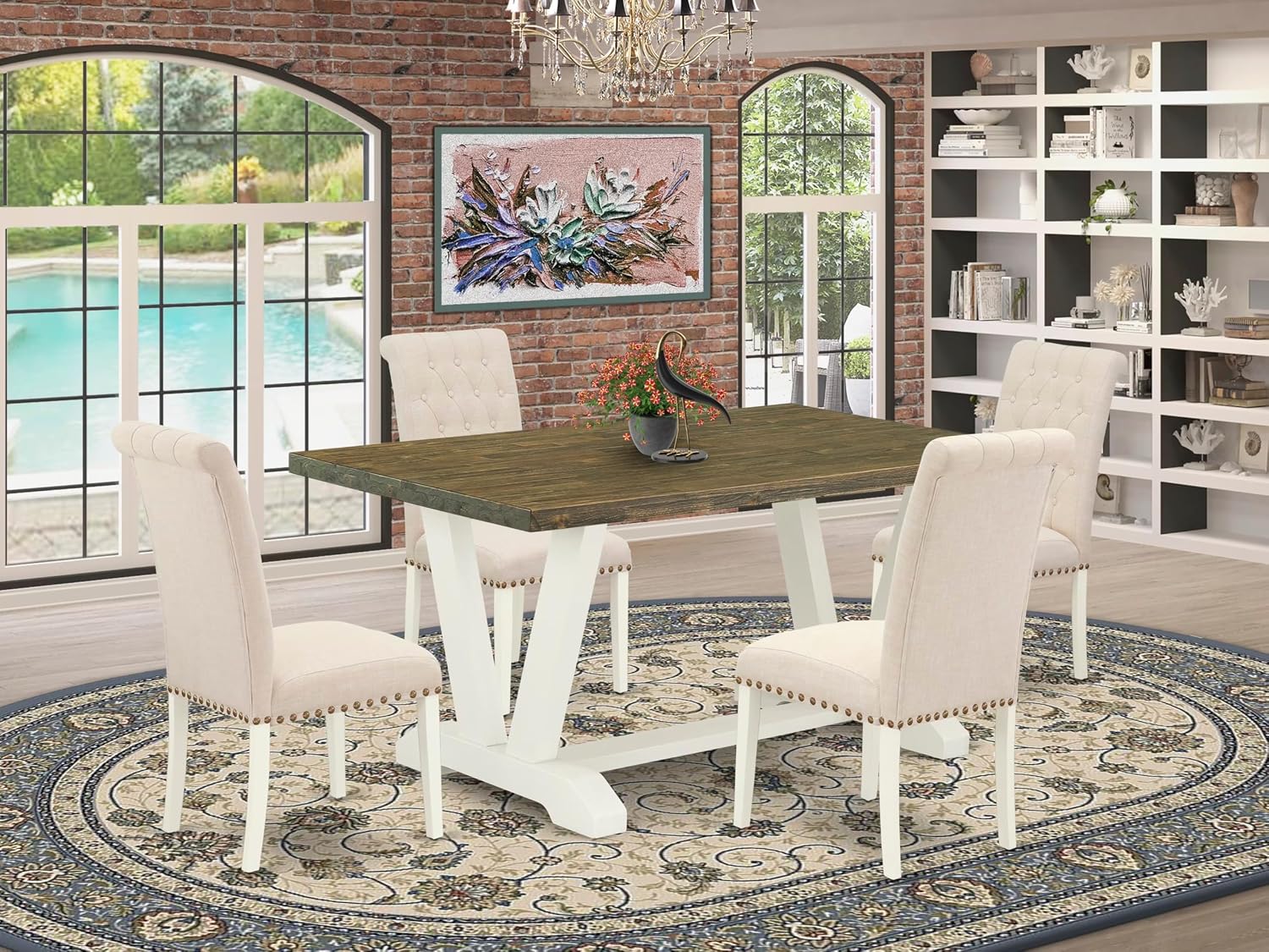East West Furniture V076BR202-5 5 Piece Dinette Set for 4 Includes a Rectangle Dining Table with V-Legs and 4 Light Beige Linen Fabric Parson Dining Room Chairs, 36x60 Inch, Multi-Color