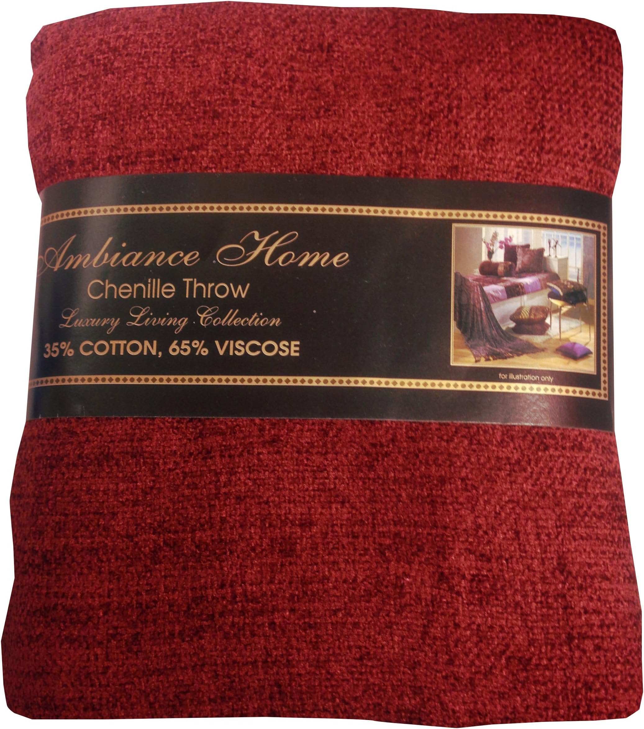 Ambiance Home 130cm x 180cm Chenille Red Throw/Blanket/Bedspread, Traditional Woven Fringed Tassel Ends, Wine Burgundy