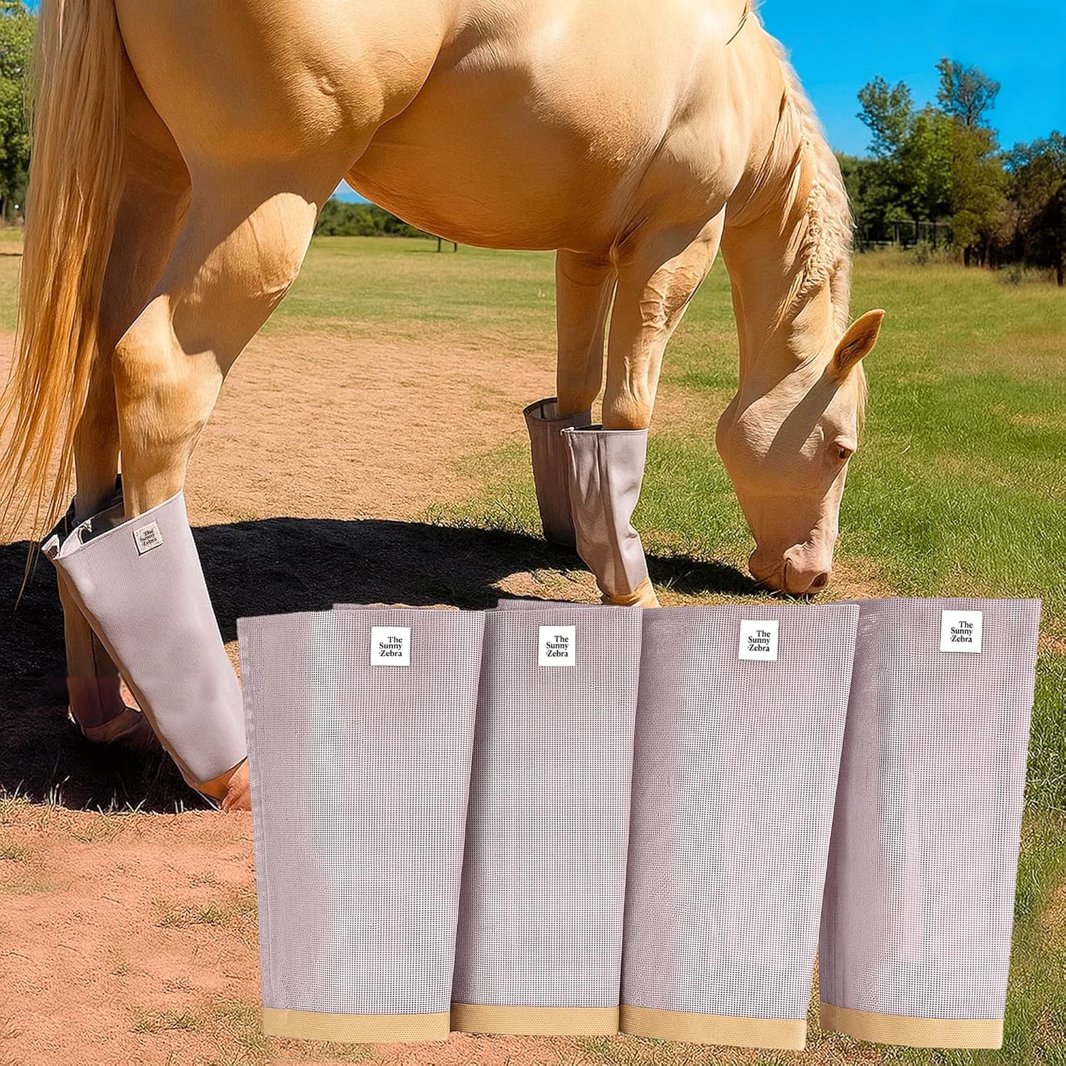 Horse Fly Boots – Horse Fly Protection, Fly Boots for Horses, Breathable Mesh [Set of 4], Heat-Reflective Light Grey, Adjust. Velcro, Durable Stays, Protective Leg Wear