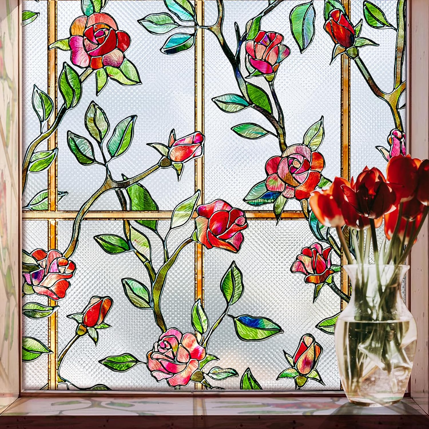 Windimiley Stained Glass Window Privacy Film: 3D Rose Decorative Bathroom Frosted Window Clings Sun Heat Blocking Flower Window Tint for Home Non Adhesive Door Window Covering (23.6 x 35.4 in,Red) 23.6 x 35.4IN Red