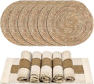 12 Pcs Handmade Boho Placemats Set of 6 Table Mats for Kitchen Dining Table Farmhouse Centerpiece Decor Natural Cotton Burlap and Water Straw Woven Combination Place Mats