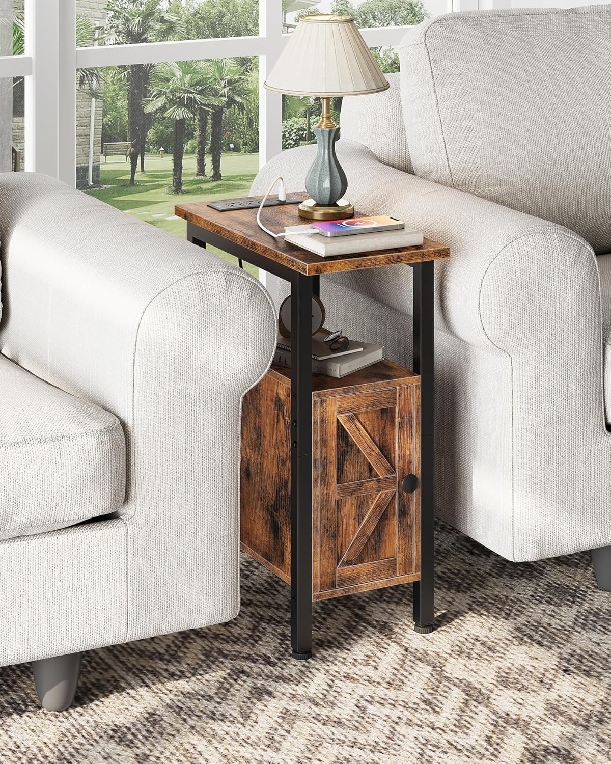 Farmhouse End Table, Narrow Side Table for Small Spaces, Slim Nightstand with Charging Station, with 2 AC Outlets, 1 USB and 1 Type-C Port, for Living Room, Bedroom, Rustic Brown TBZ08UBF