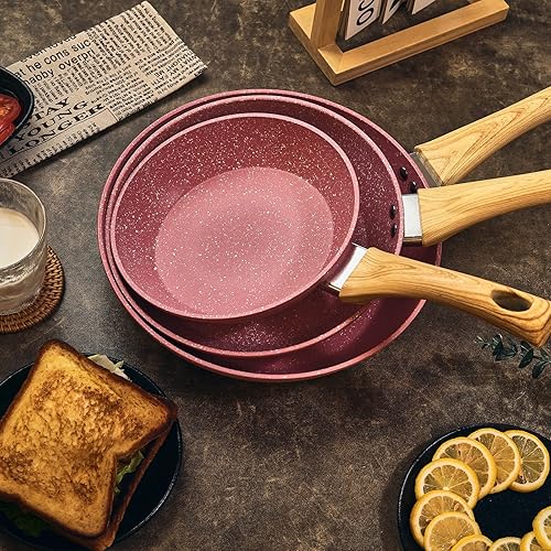 Miniatura 6 de Juego de sartenes antiadherentes, sartén para huevos rosados de 8, 9.5 y 11 pulgadas, sartén antiadherente para tortilla sin PFOA, utensilios de