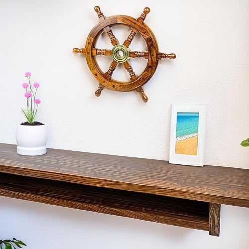 Miniatura 9 de Timón de barco náutico artesanal de madera, decoración de la pared de casa Nagina International, Madera, Madera natural, 12 pulgadas