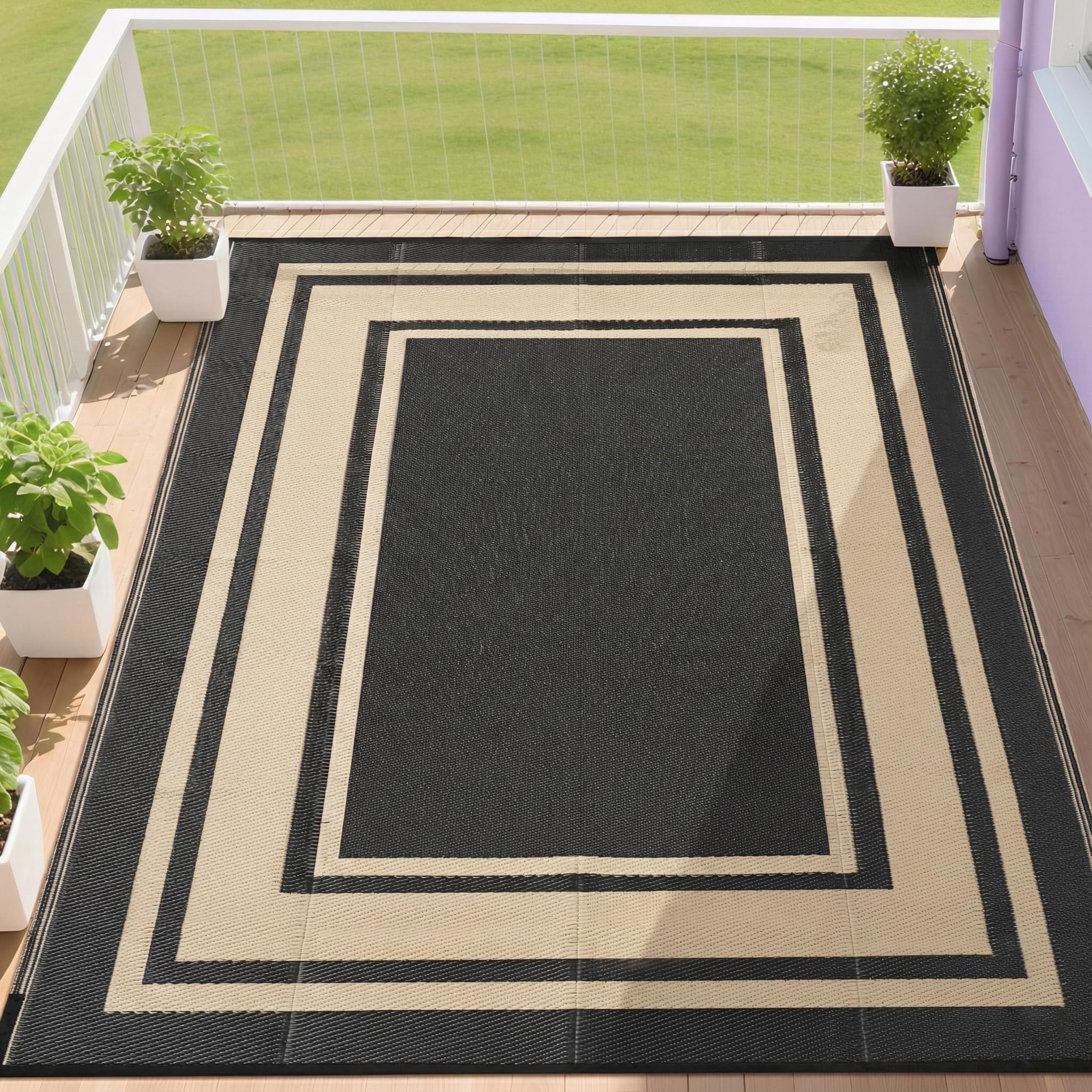 RURALITY Outdoor Rugs 6x9 Waterproof for Patios Clearance,Plastic Straw Mats for Backyard,Porch,Deck,Balcony,Reversible,Black and Beige