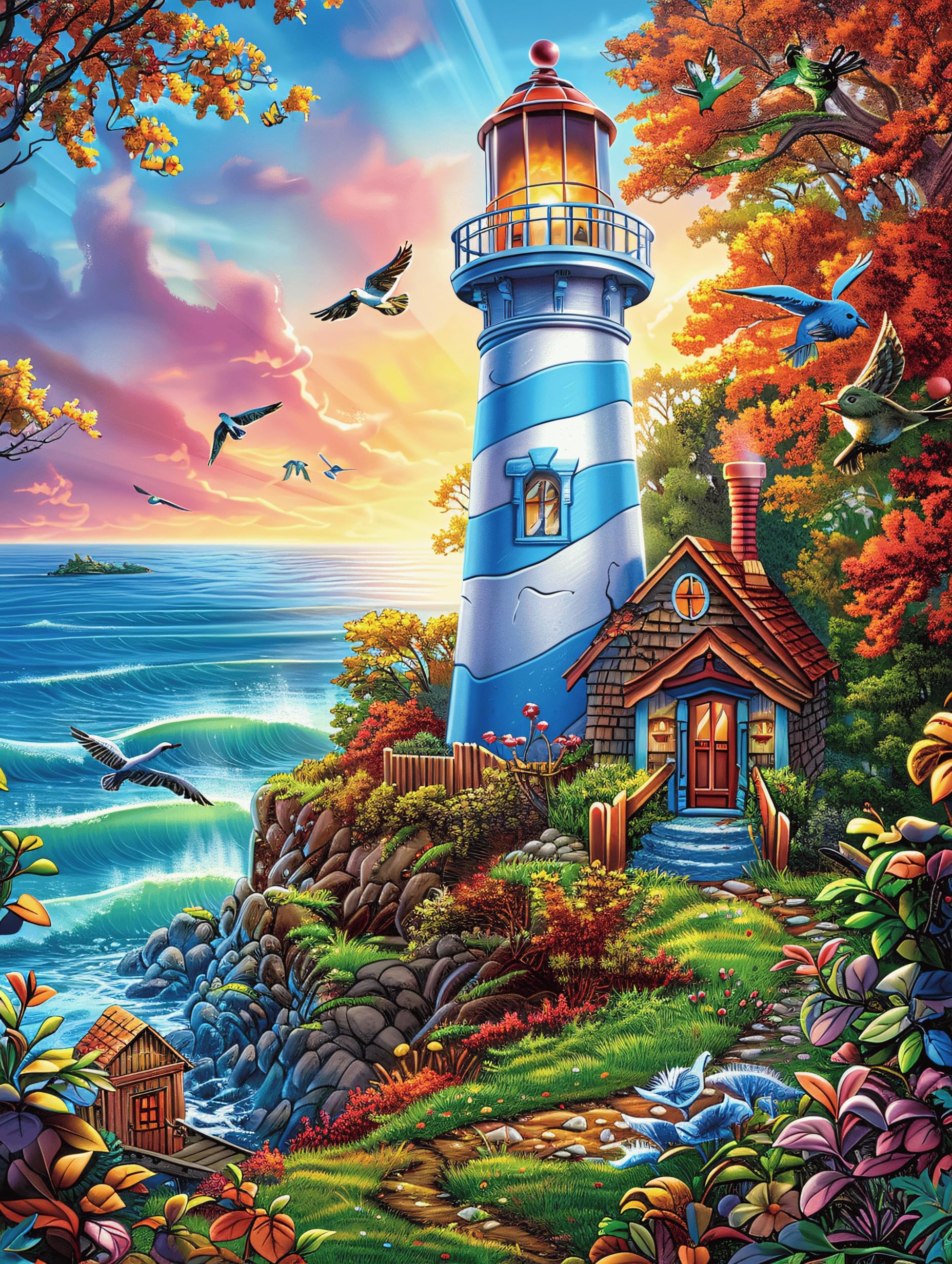 Lighthouse in Sunset Landscape 500 Piece Jigsaw Puzzle for All Ages Mitos Fantástico Cuento De Hadas Jigsaw Thoughtful Housewarming Gift Family Game Night Vibrant Design Stress Reliever 500 PCS