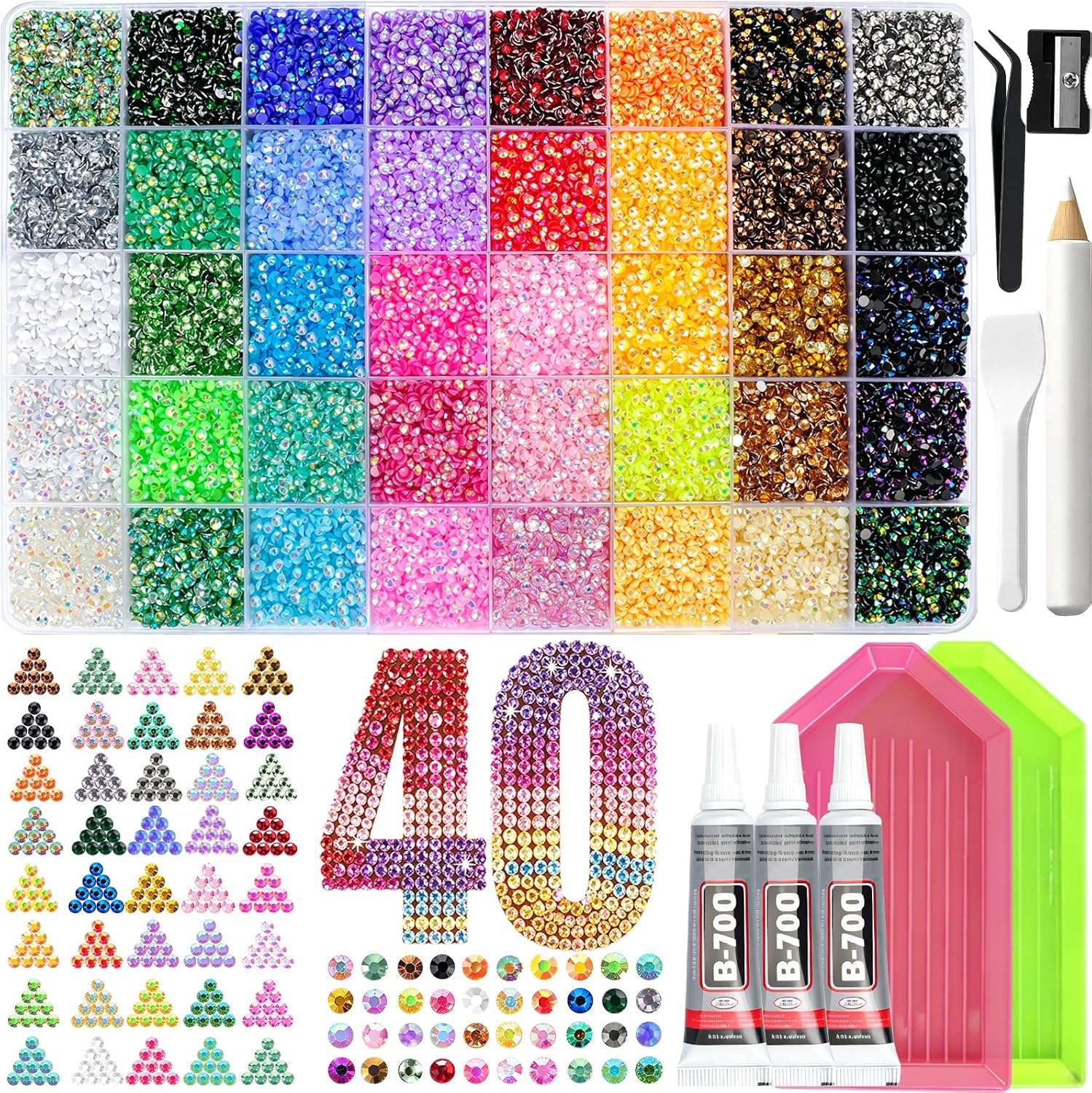 50000Pcs Resin Jelly Rhinestones for Bedazzling kit, 3mm Bedazzler Kits | 40Color Rhinestones with 3Pcs 10ml B7000 Jewelry Glue, Multicolor Flat Back gems for Book DIY Diamonds Art Accessories